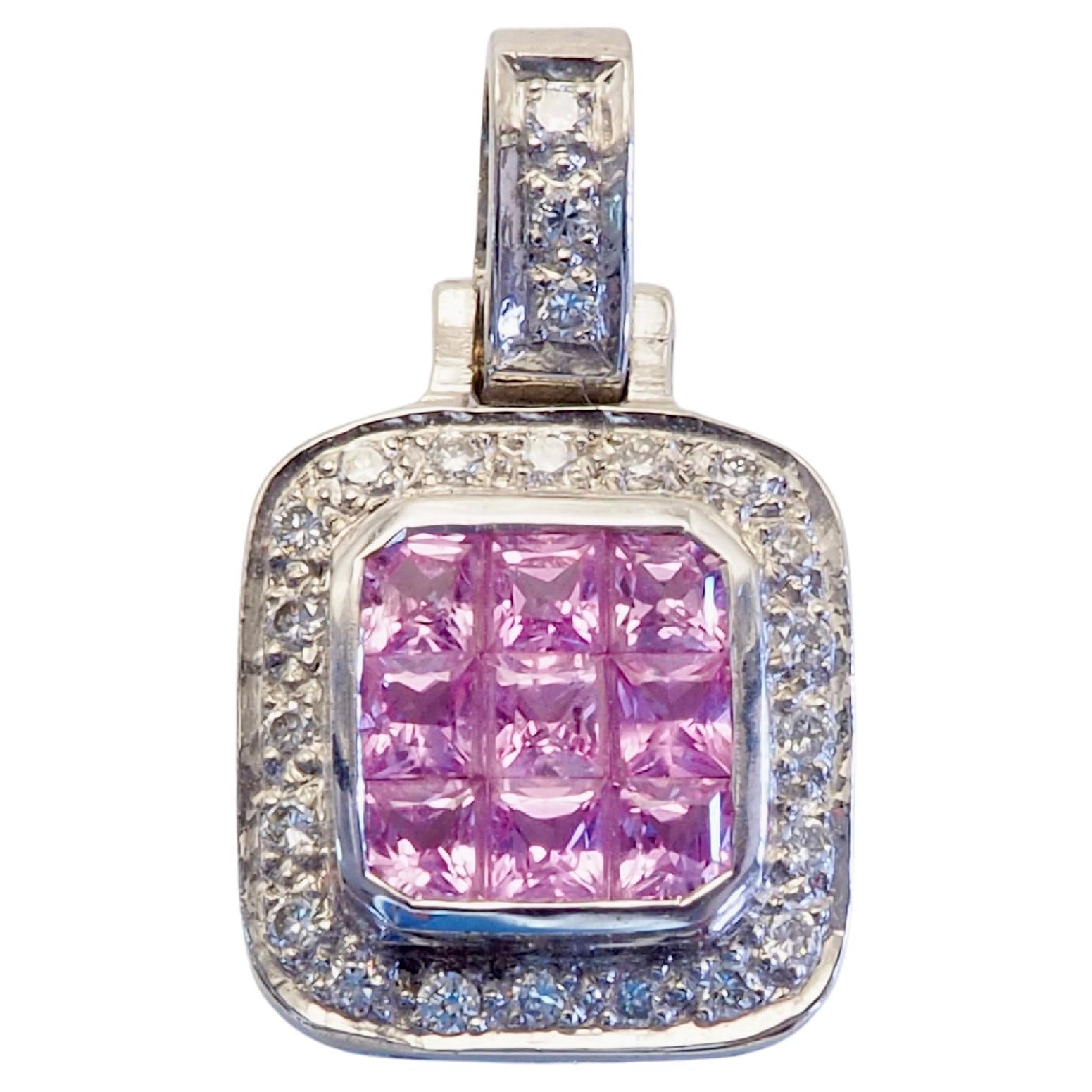 18K White Gold 1.20ct Squared Pink Sapphire & 0.15ct Diamond Invisible Pendant