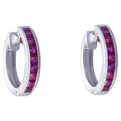 No Reserve- 18K White Gold 1.20ct Squared Ruby Hoop Earring
