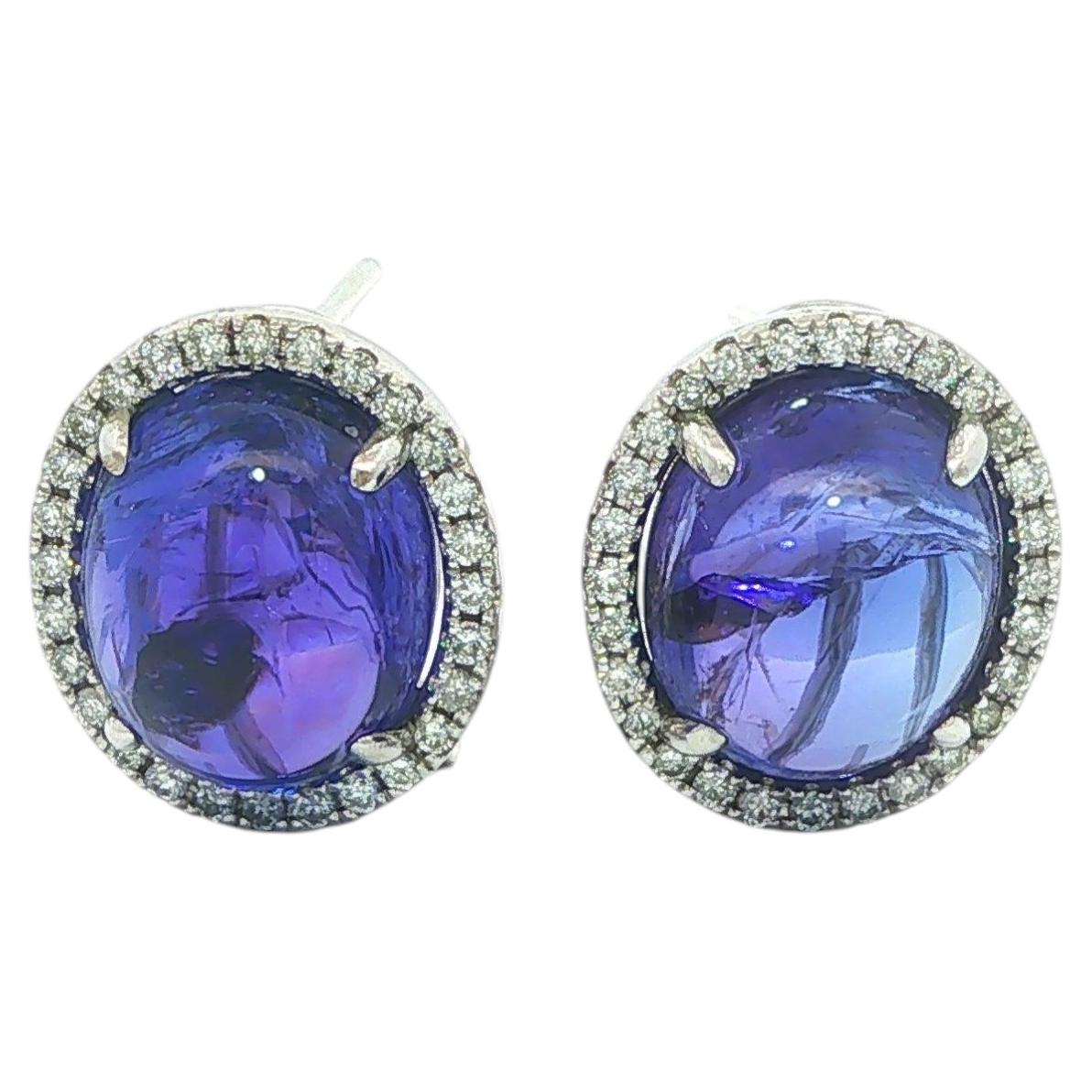 18k White Gold 12.22ctw GIA Oval Cabochon Tanzanite Diamond Frame Earrings For Sale