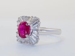 18K White Gold 1.23ct Burma Oval Ruby & 0.88ct Baguette Diamond Cocktail Ring