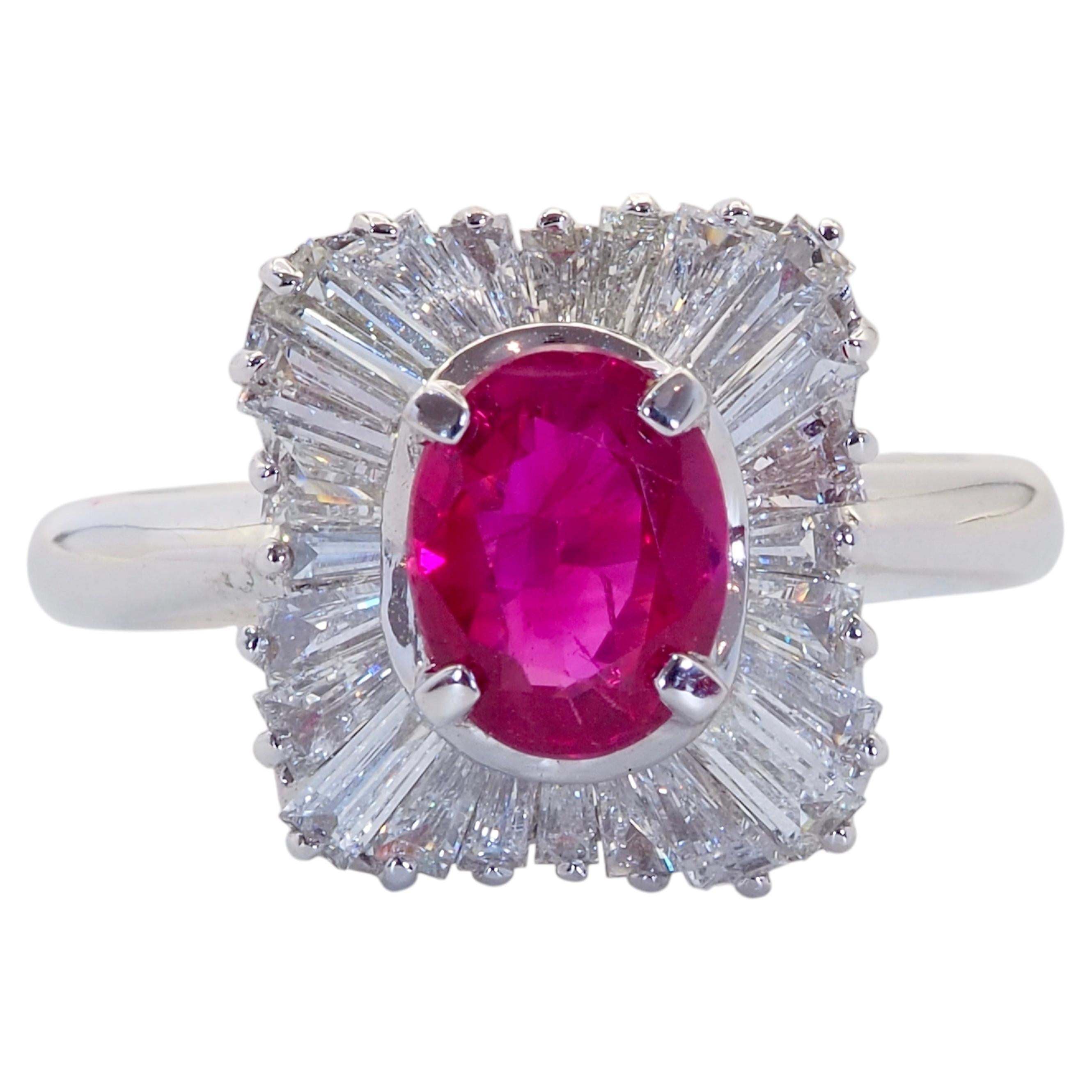 18K White Gold 1.23ct Burma Oval Ruby & 0.88ct Baguette Diamond Cocktail Ring