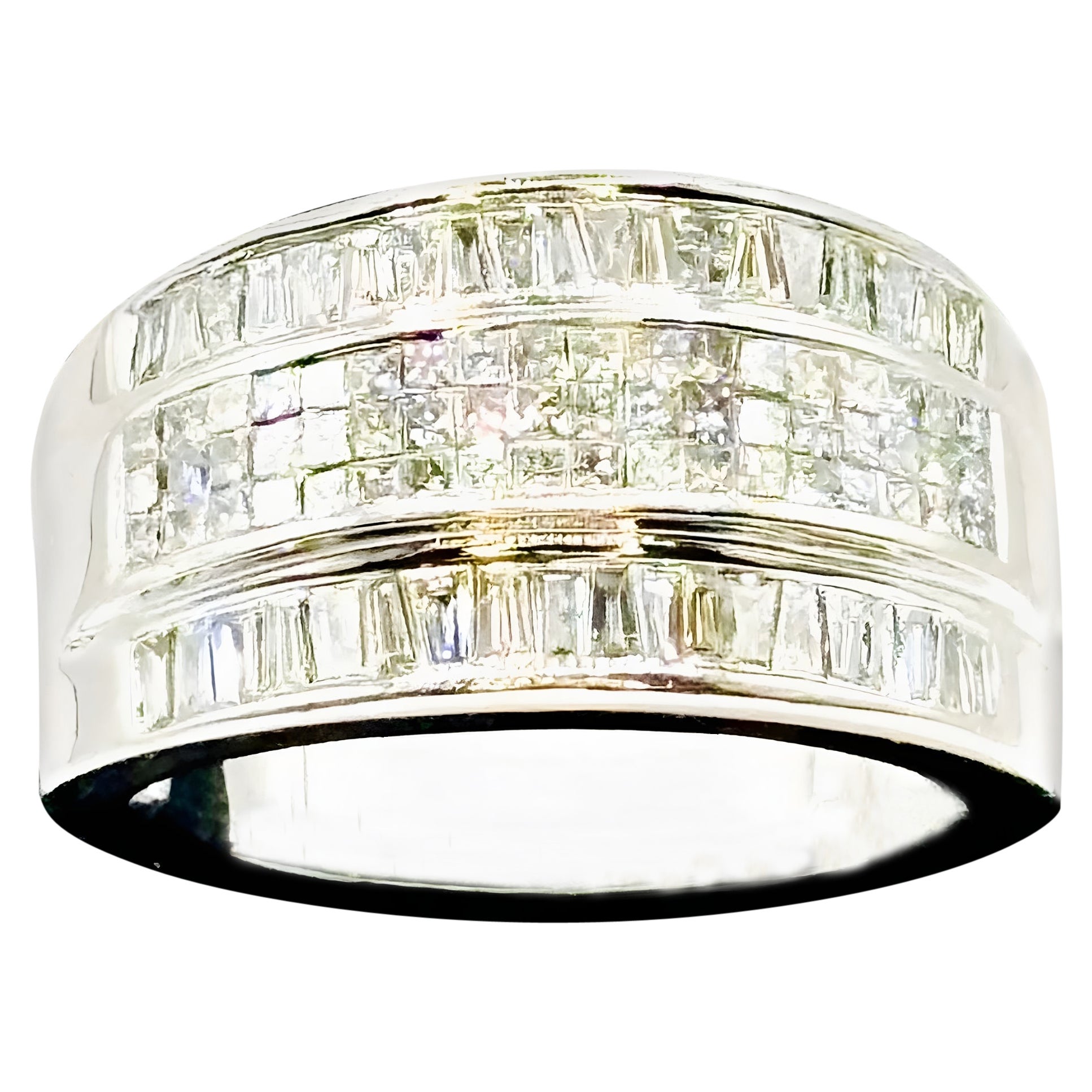 18K Weißgold 1,25 Karat Diamant Baguette und Brillant breiter Bandring, 15,3g