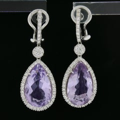 18k White Gold 12.5ct Pear Purple Amethyst w/ Diamond Fancy Drop Dangle Earrings