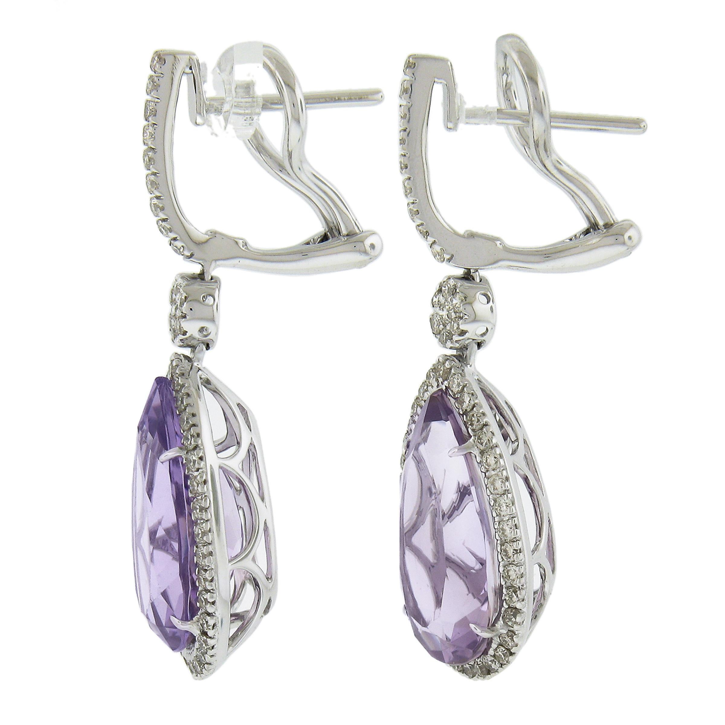 Pear Cut 18k White Gold 12.5ct Pear Purple Amethyst w/ Diamond Fancy Drop Dangle Earrings For Sale