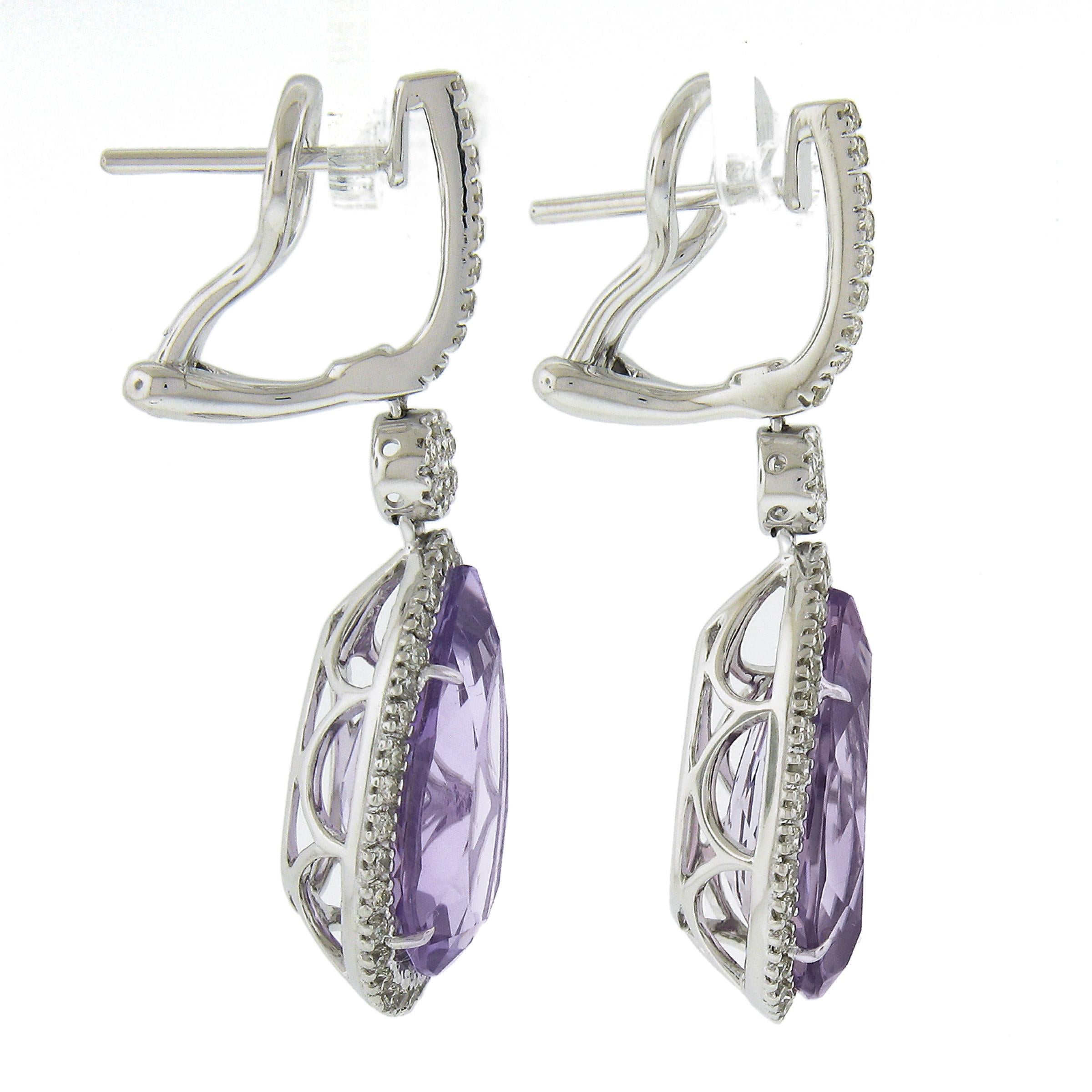 18k White Gold 12.5ct Pear Purple Amethyst w/ Diamond Fancy Drop Dangle Earrings In Excellent Condition For Sale In Montclair, NJ