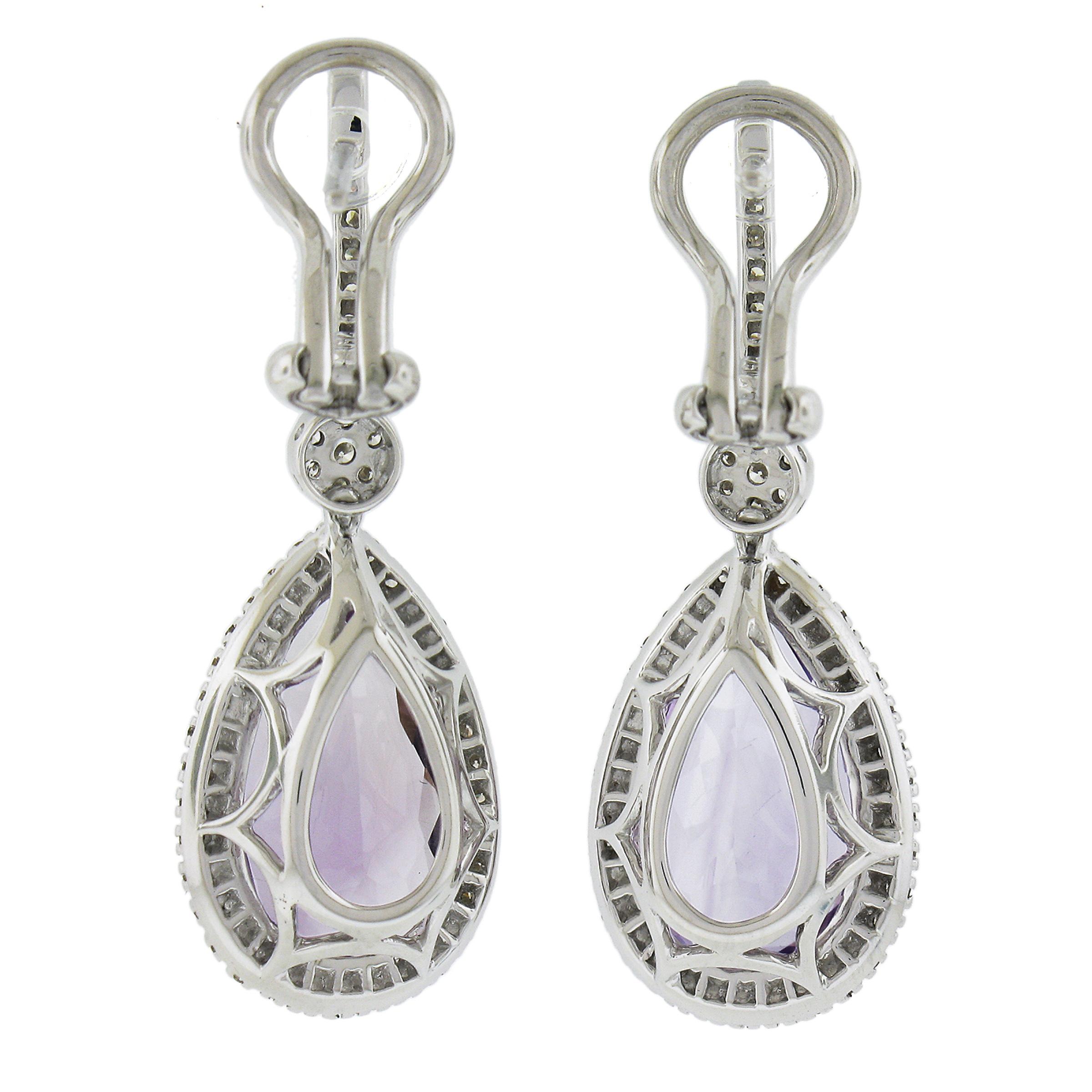 Women's 18k White Gold 12.5ct Pear Purple Amethyst w/ Diamond Fancy Drop Dangle Earrings For Sale