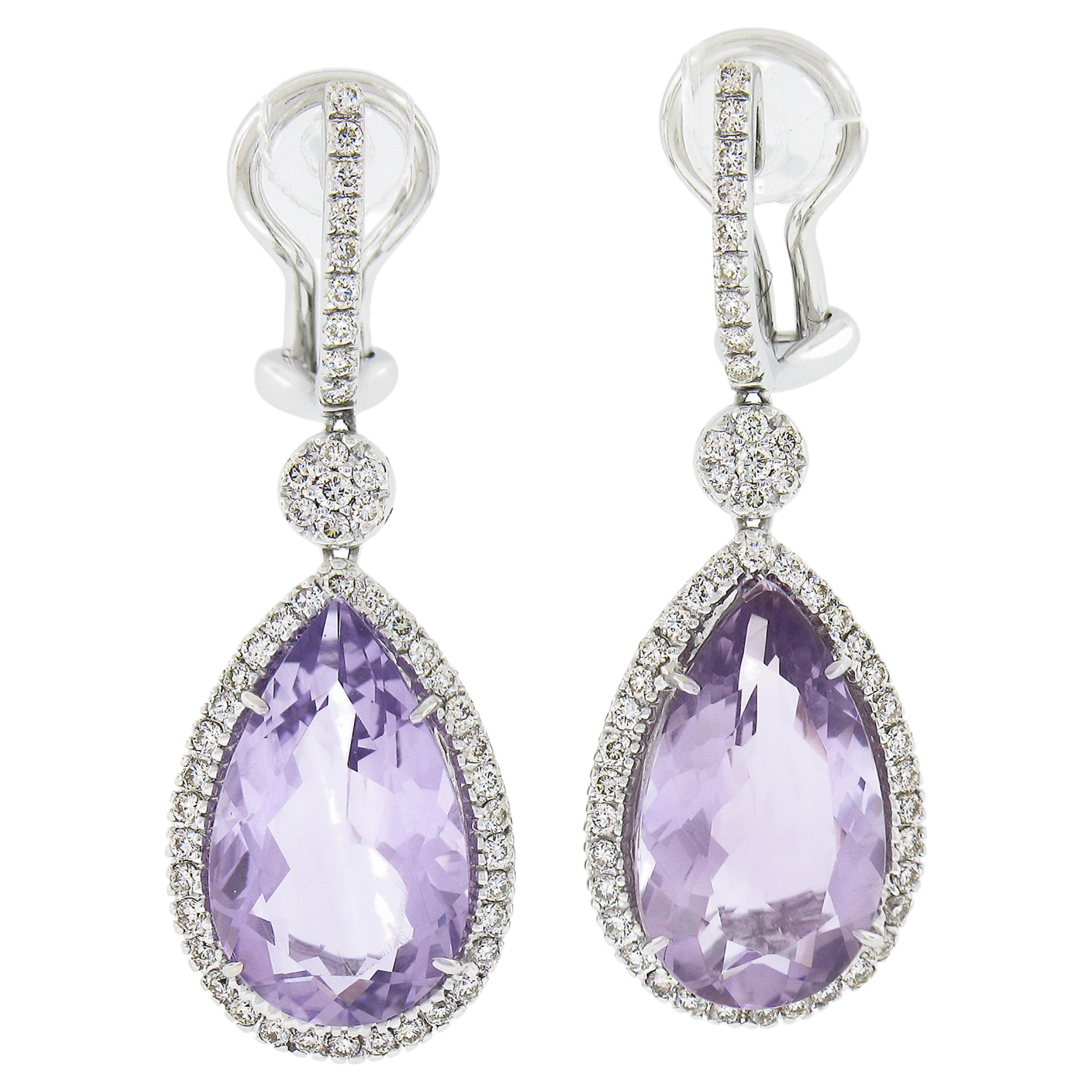 18k White Gold 12.5ct Pear Purple Amethyst w/ Diamond Fancy Drop Dangle Earrings