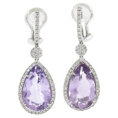 18k White Gold 12.5ct Pear Purple Amethyst w/ Diamond Fancy Drop Dangle Earrings