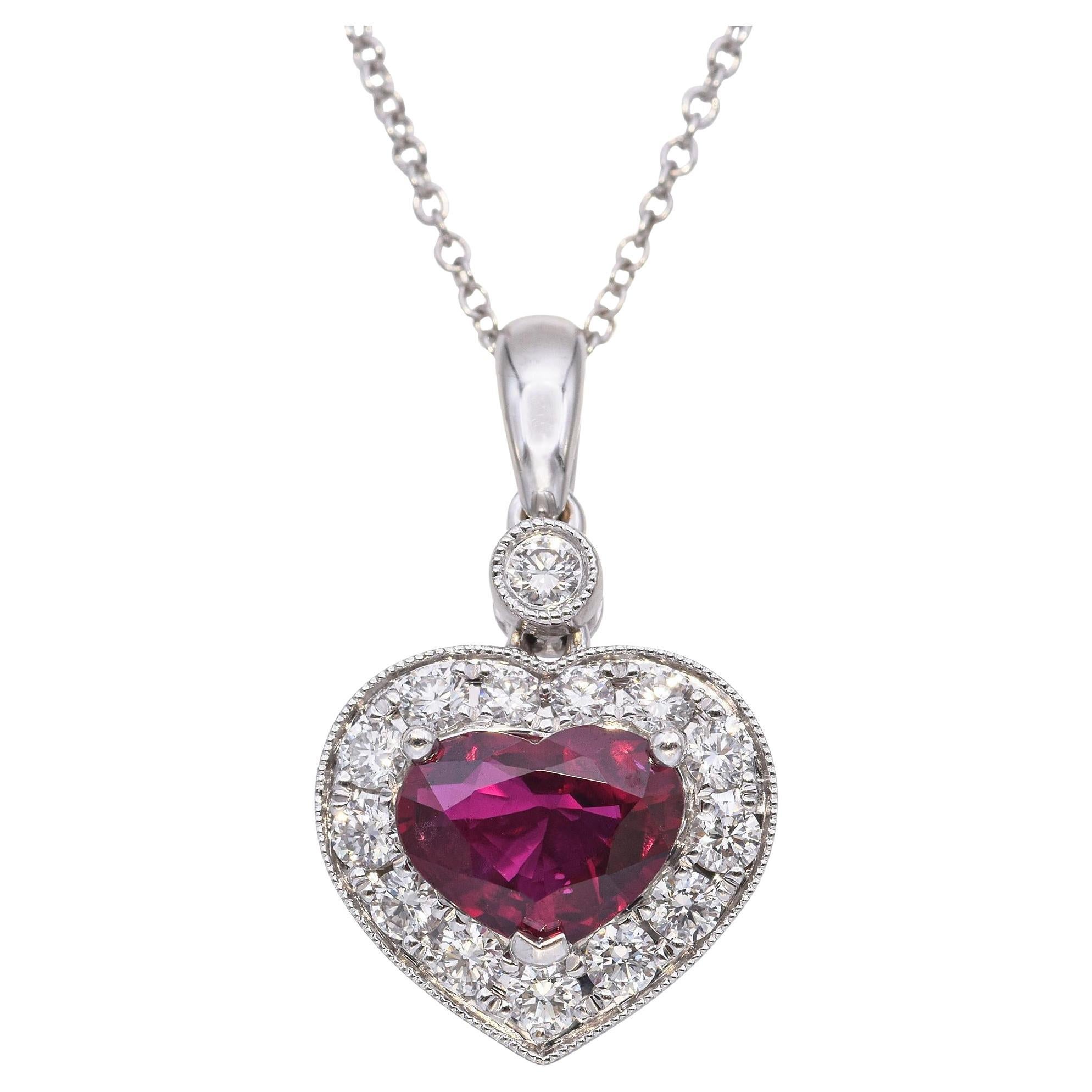 18k White Gold 1.25ct Ruby Heart Pendant Necklace
