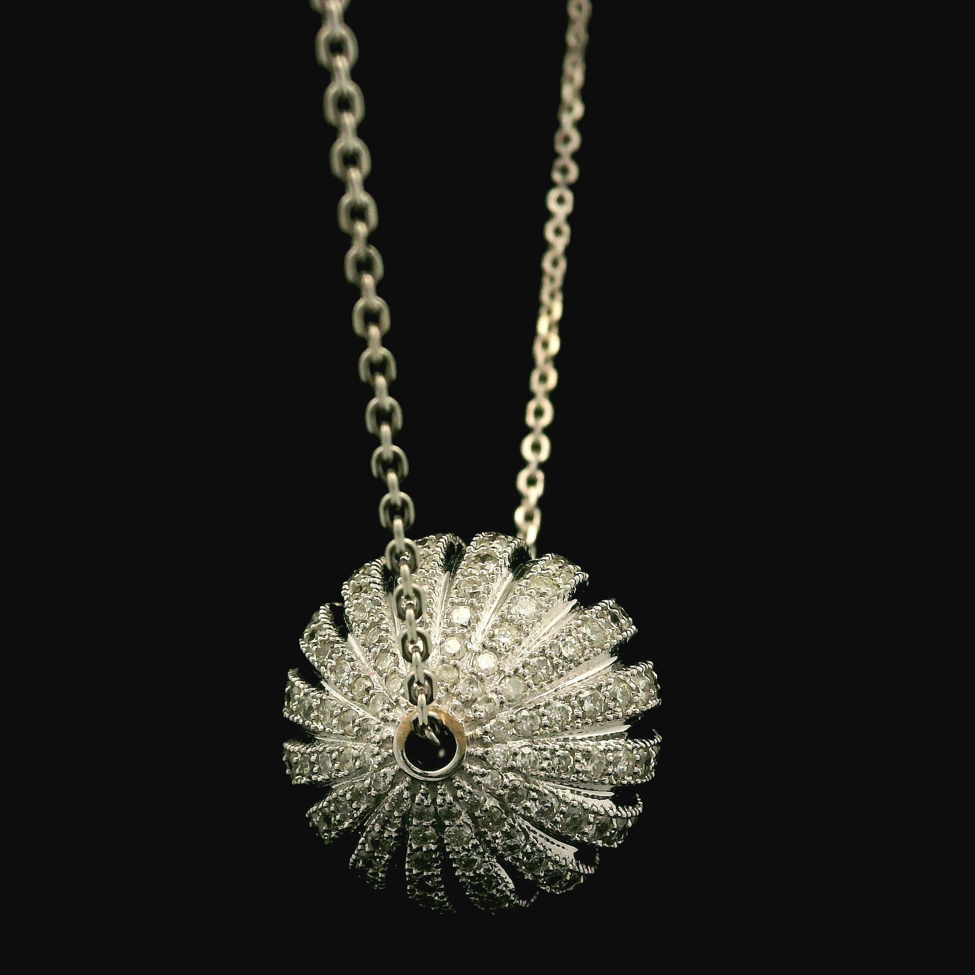 Brilliant Cut 18k White Gold 1.25ctw Diamond Milgrain Banded Oval Ball Slide Pendant Necklace For Sale
