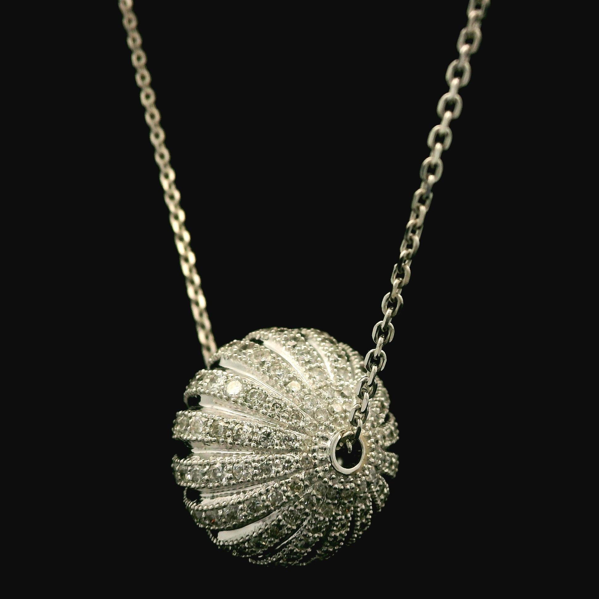Women's 18k White Gold 1.25ctw Diamond Milgrain Banded Oval Ball Slide Pendant Necklace For Sale