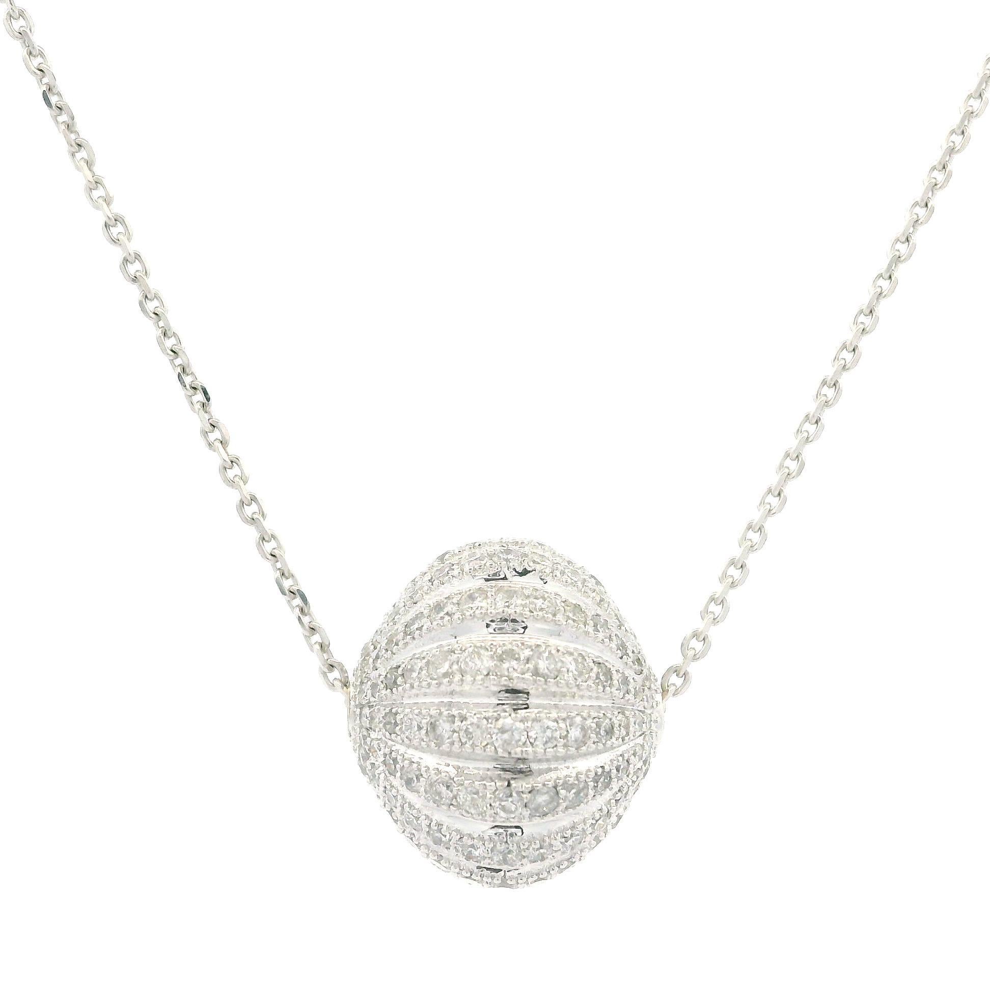 18k White Gold 1.25ctw Diamond Milgrain Banded Oval Ball Slide Pendant Necklace For Sale 2
