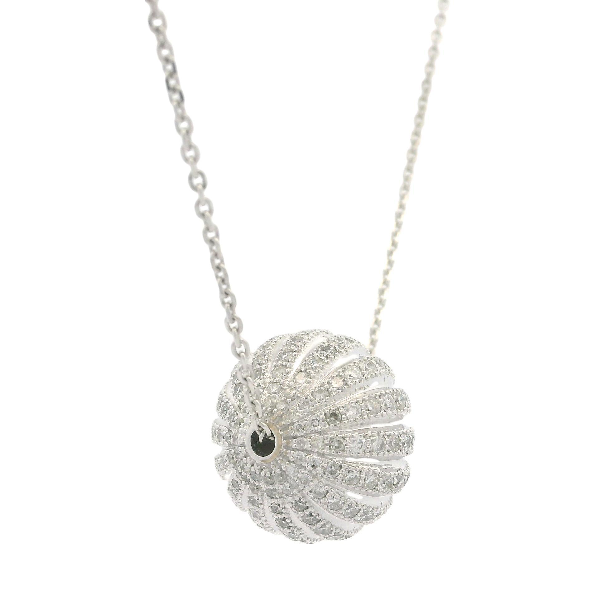 18k White Gold 1.25ctw Diamond Milgrain Banded Oval Ball Slide Pendant Necklace For Sale 3