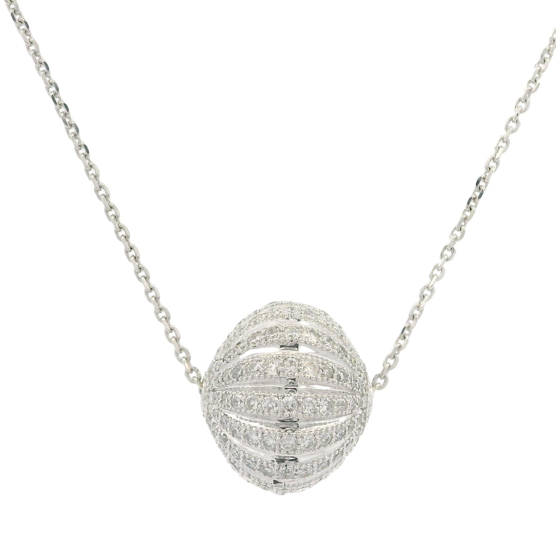 18k White Gold 1.25ctw Diamond Milgrain Banded Oval Ball Slide Pendant Necklace For Sale 4