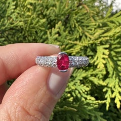 18k White Gold 1.25ctw Oval Half Bezel Bright Red Ruby w/ Pave Diamond Band Ring