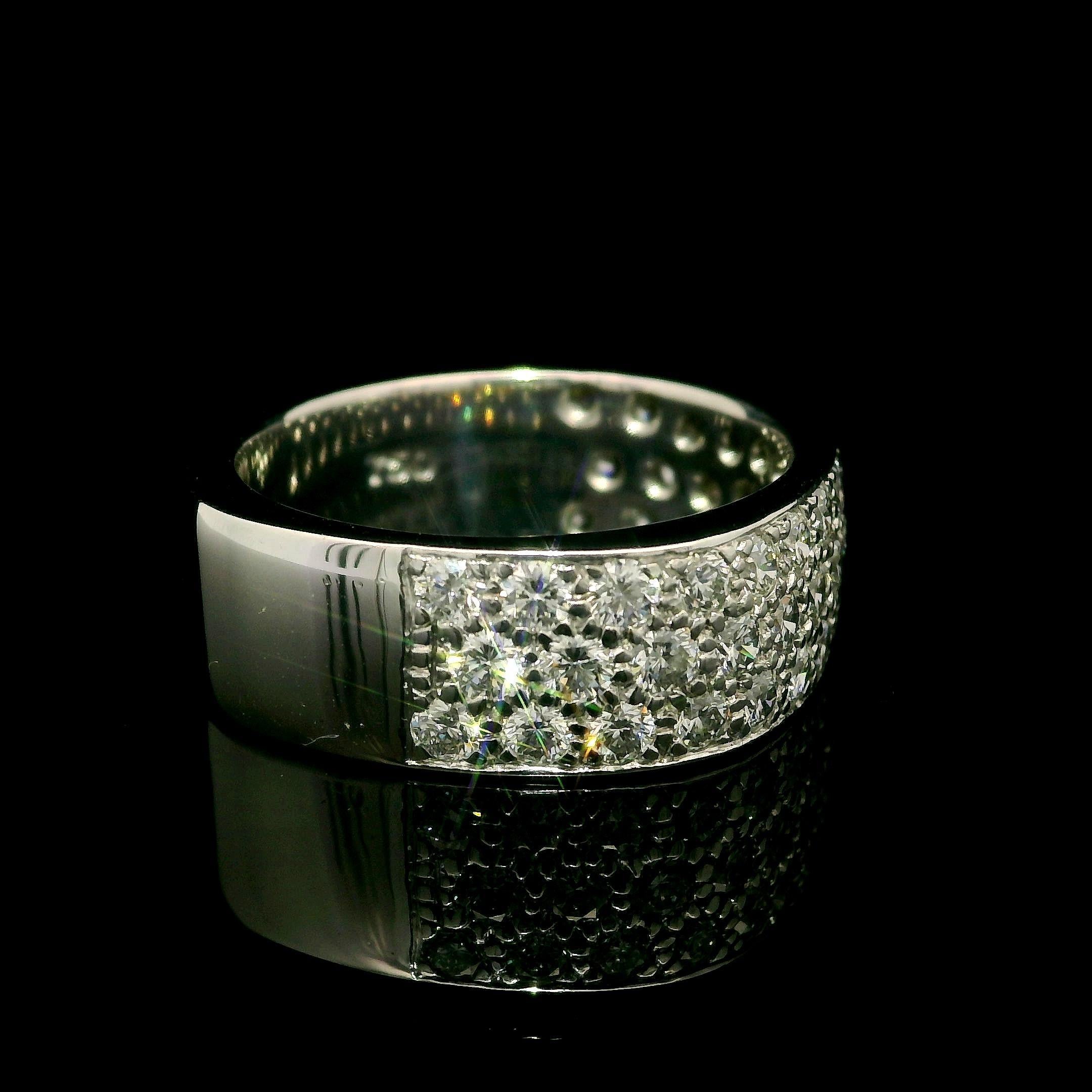 Brilliant Cut 18k White Gold 1.25ctw Pave 3 Row Diamond Wide Squared Band Ring For Sale