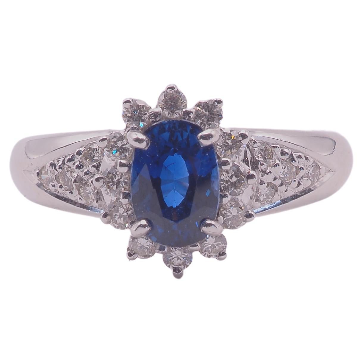 18K White Gold 1.26ct Blue Sapphire & 0.35ct Brilliant Diamond Ring  For Sale