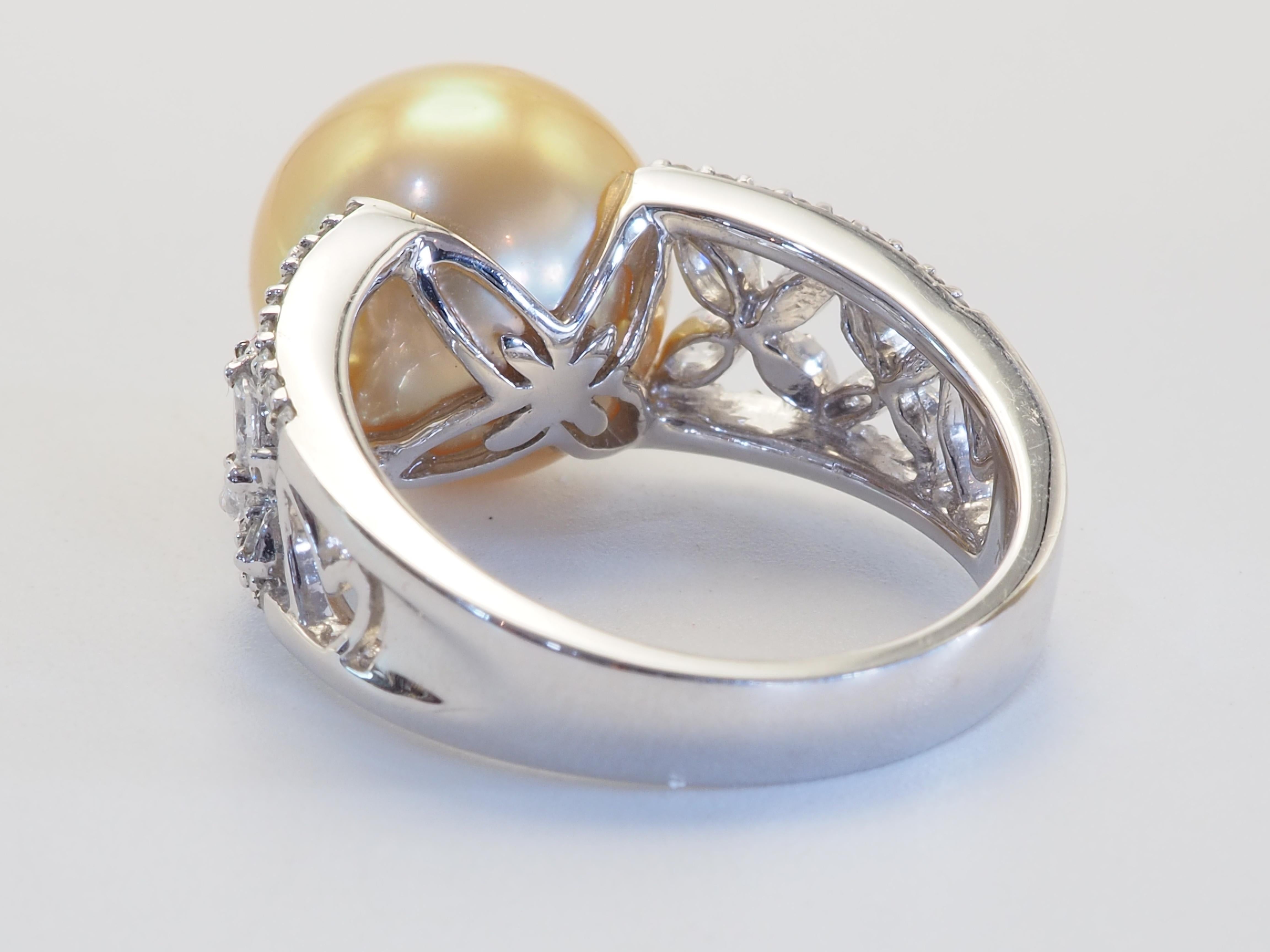 Round Cut 18k White Gold 12.75mm Golden South Sea Pearl & 0.70ct Diamond Cocktail Ring For Sale
