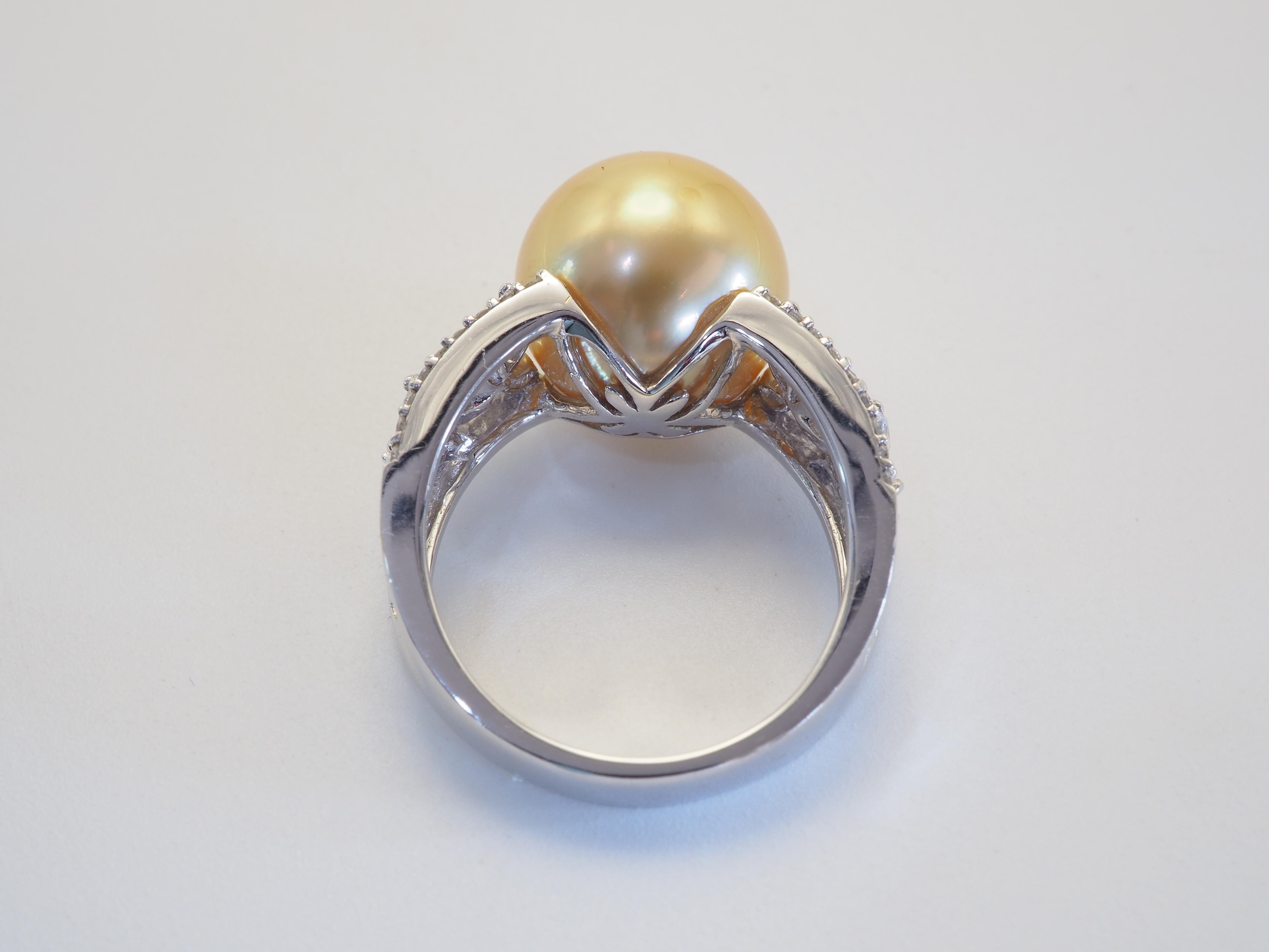 Women's or Men's 18k White Gold 12.75mm Golden South Sea Pearl & 0.70ct Diamond Cocktail Ring For Sale