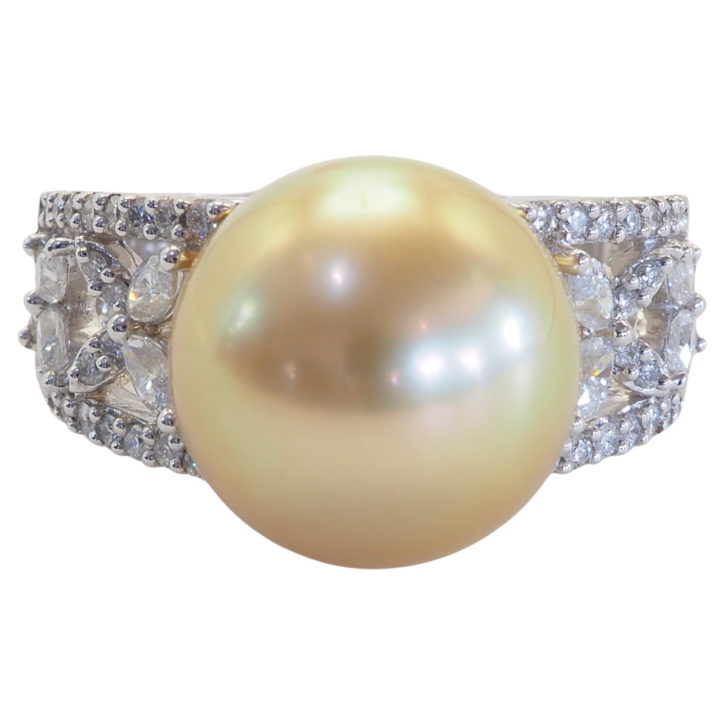 18k White Gold 12.75mm Golden South Sea Pearl & 0.70ct Diamond Cocktail Ring For Sale