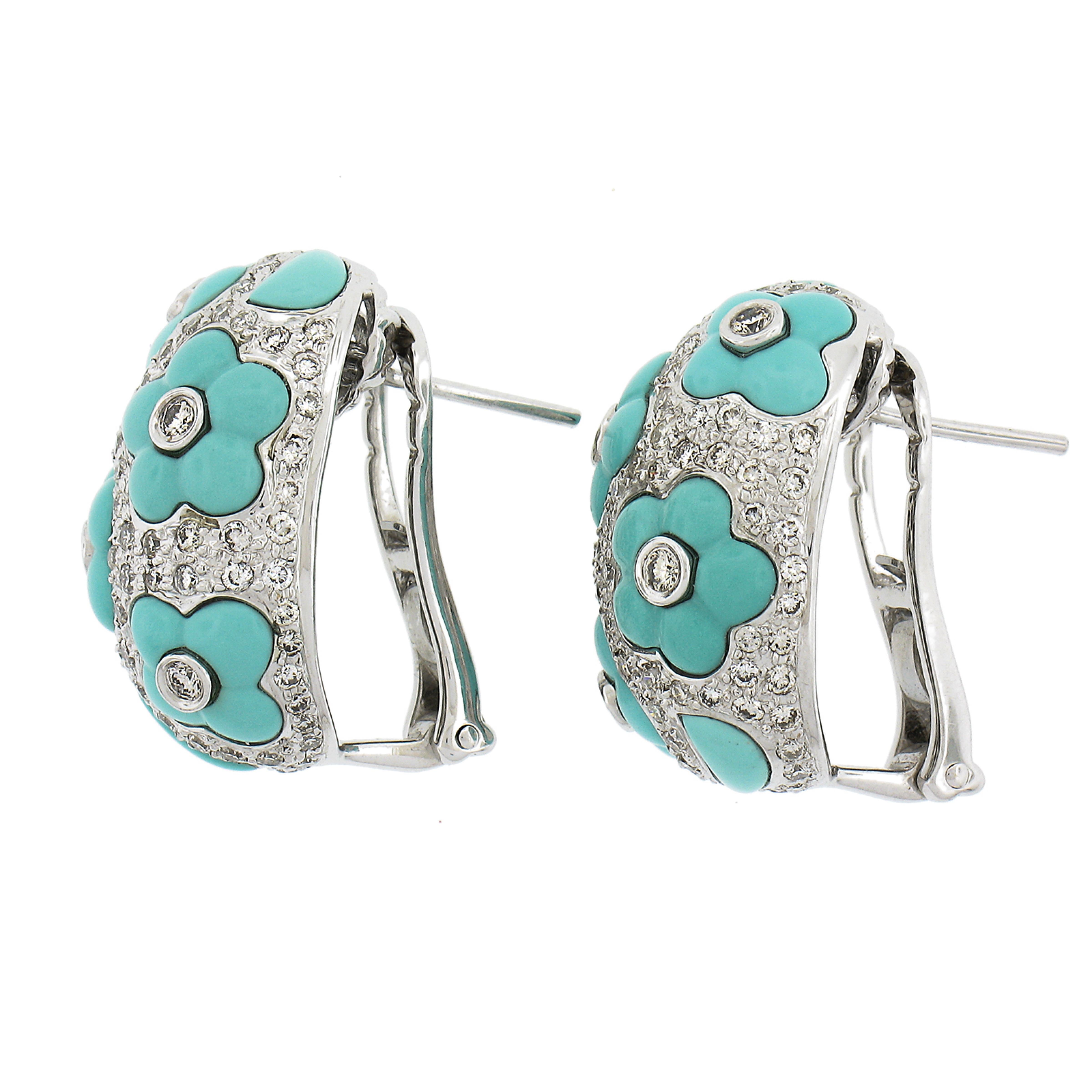 Round Cut 18K White Gold 1.27ctw Diamond & Flower Turquoise Cuff Clip On Earrings For Sale