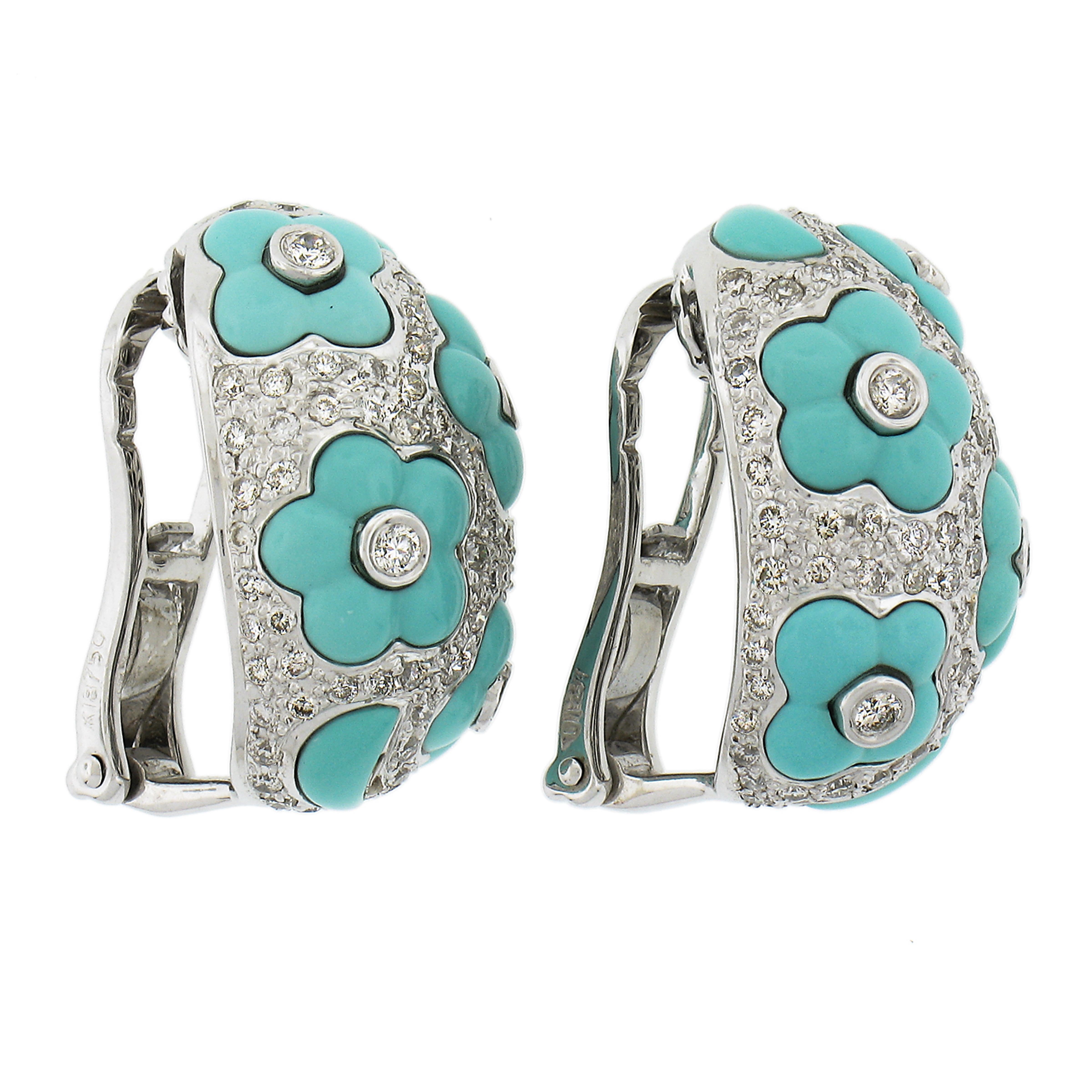 18K White Gold 1.27ctw Diamond & Flower Turquoise Cuff Clip On Earrings In Excellent Condition For Sale In Montclair, NJ