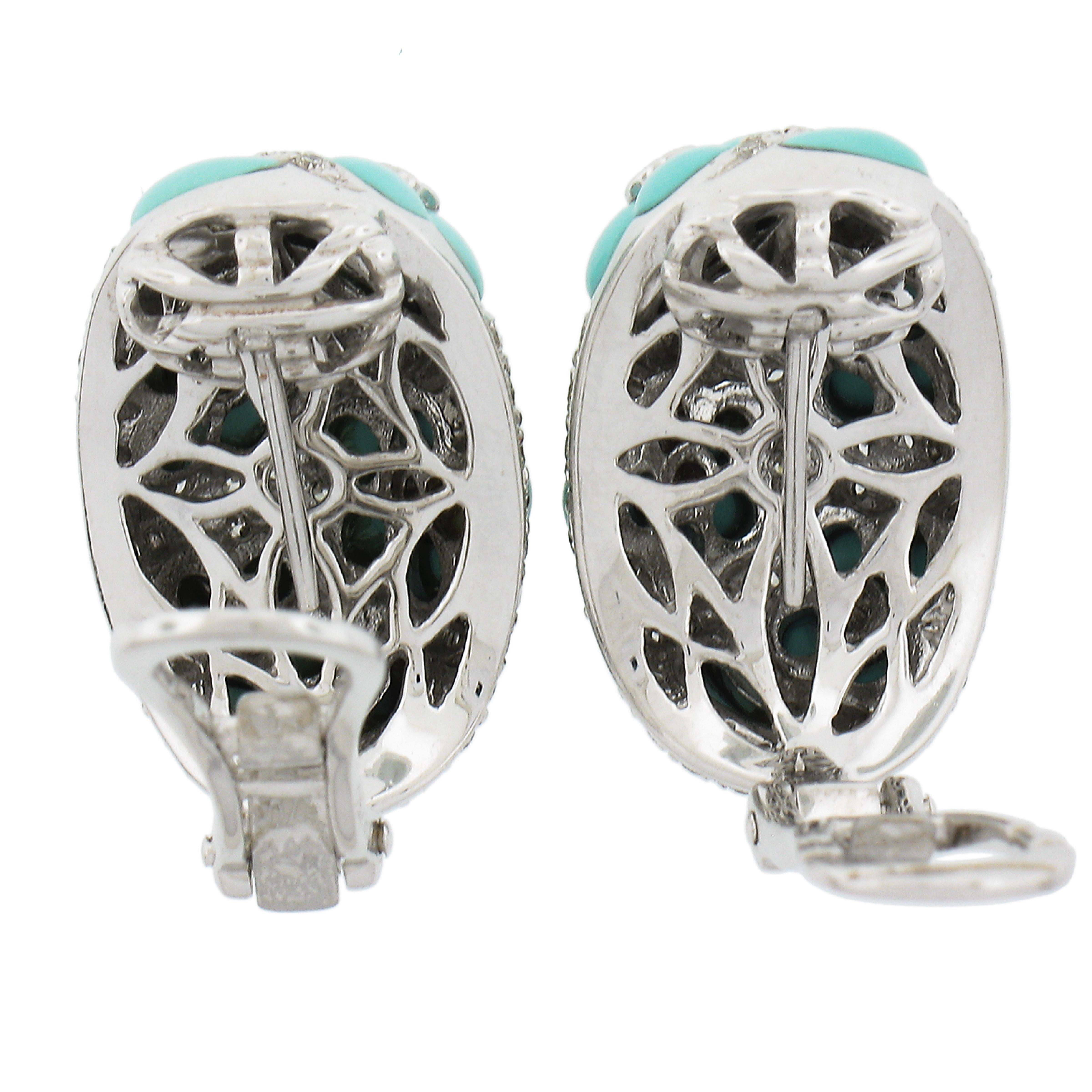 18K White Gold 1.27ctw Diamond & Flower Turquoise Cuff Clip On Earrings For Sale 1