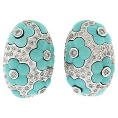 Boucles d'oreilles clips en or blanc 18 carats, diamant 1,27ctw et fleur de turquoise