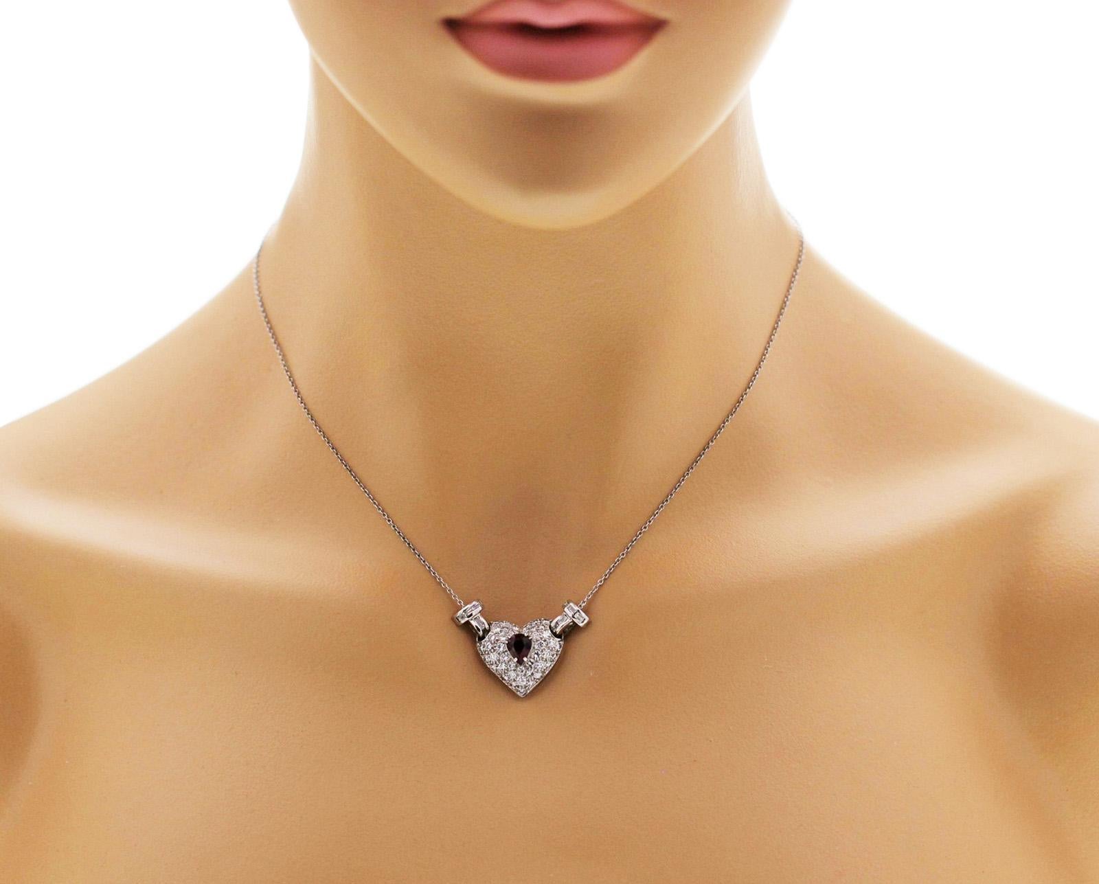 Women's 18 Karat White Gold 1.28 Carat Diamonds and 0.50 Carat Ruby Heart Necklace For Sale