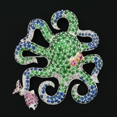 18k White Gold 12.85ct Multi Color Gemstone Diamond Pave Octopus Fish Brooch Pin
