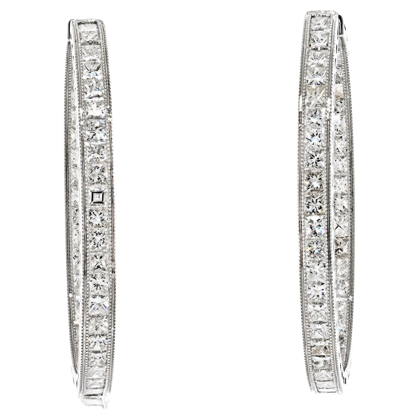 18k White Gold 12.87cttw Princess Cut Diamond Inside Out Hoop Earrings For Sale