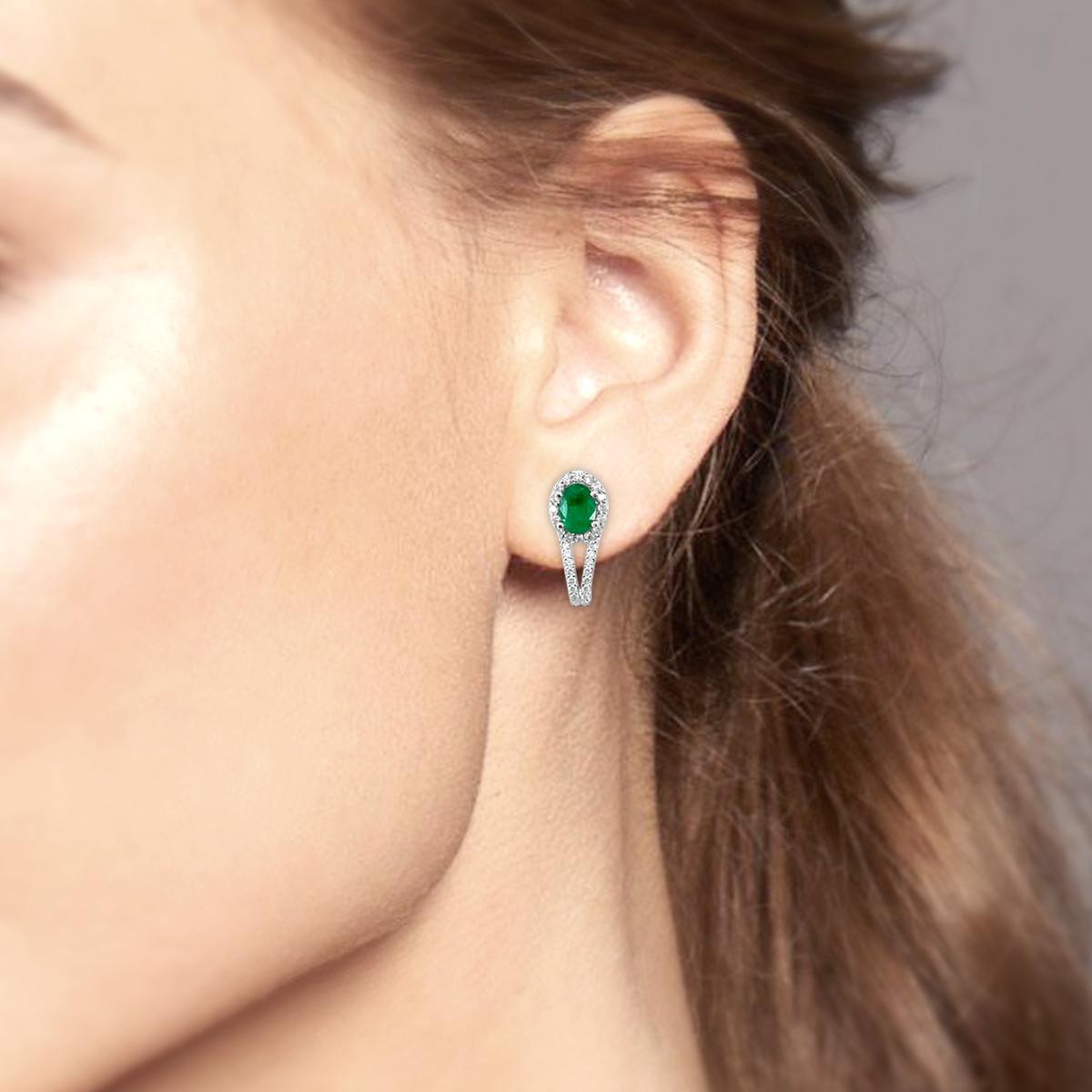Oval Cut 18K White Gold 1.29cts Emerald and Diamond Earring, Style# TS1020E