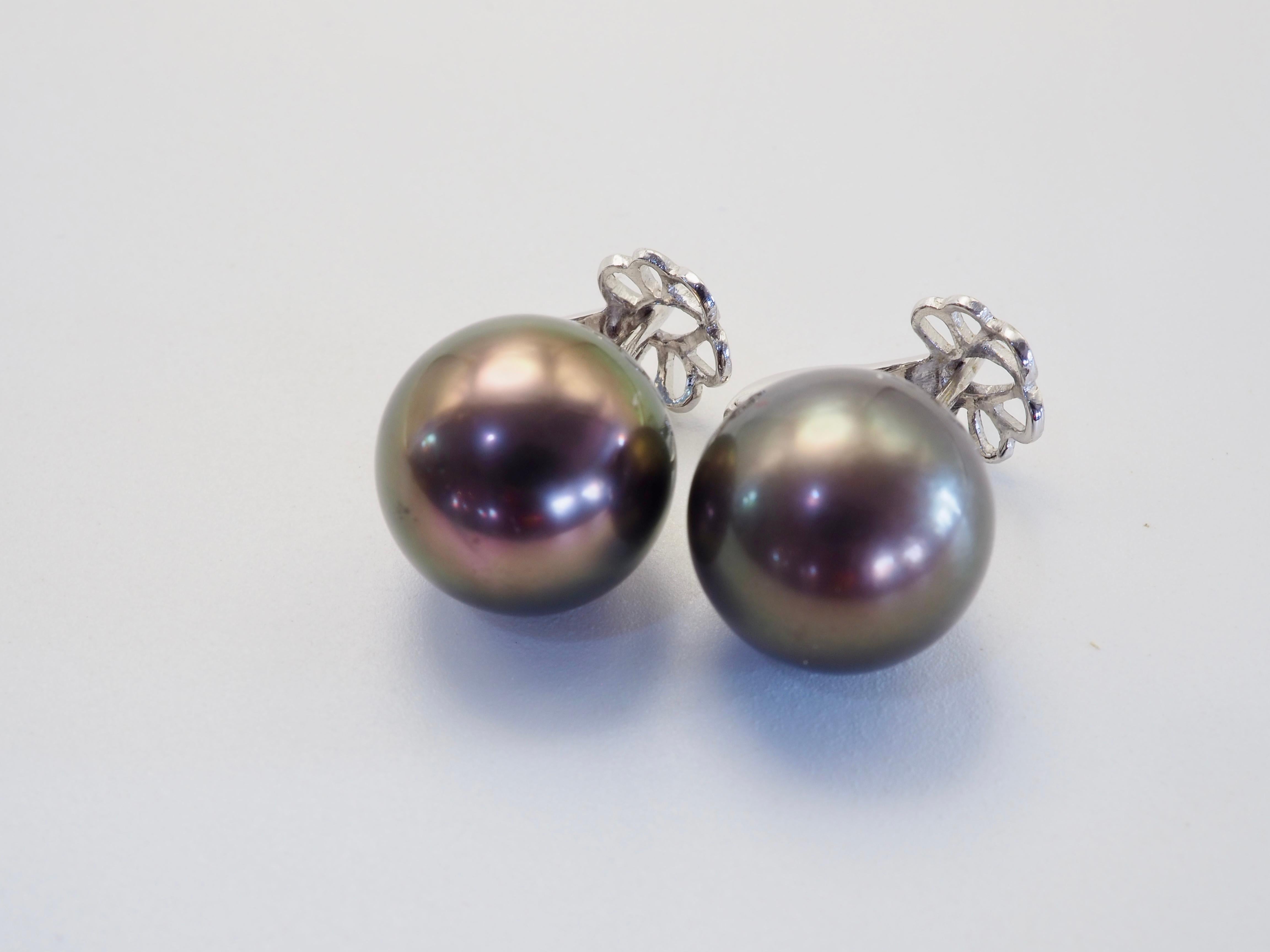 Women's or Men's 18K White Gold 12.9mm South Sea Black Pearl Fine Latched Back Stud Earring For Sale
