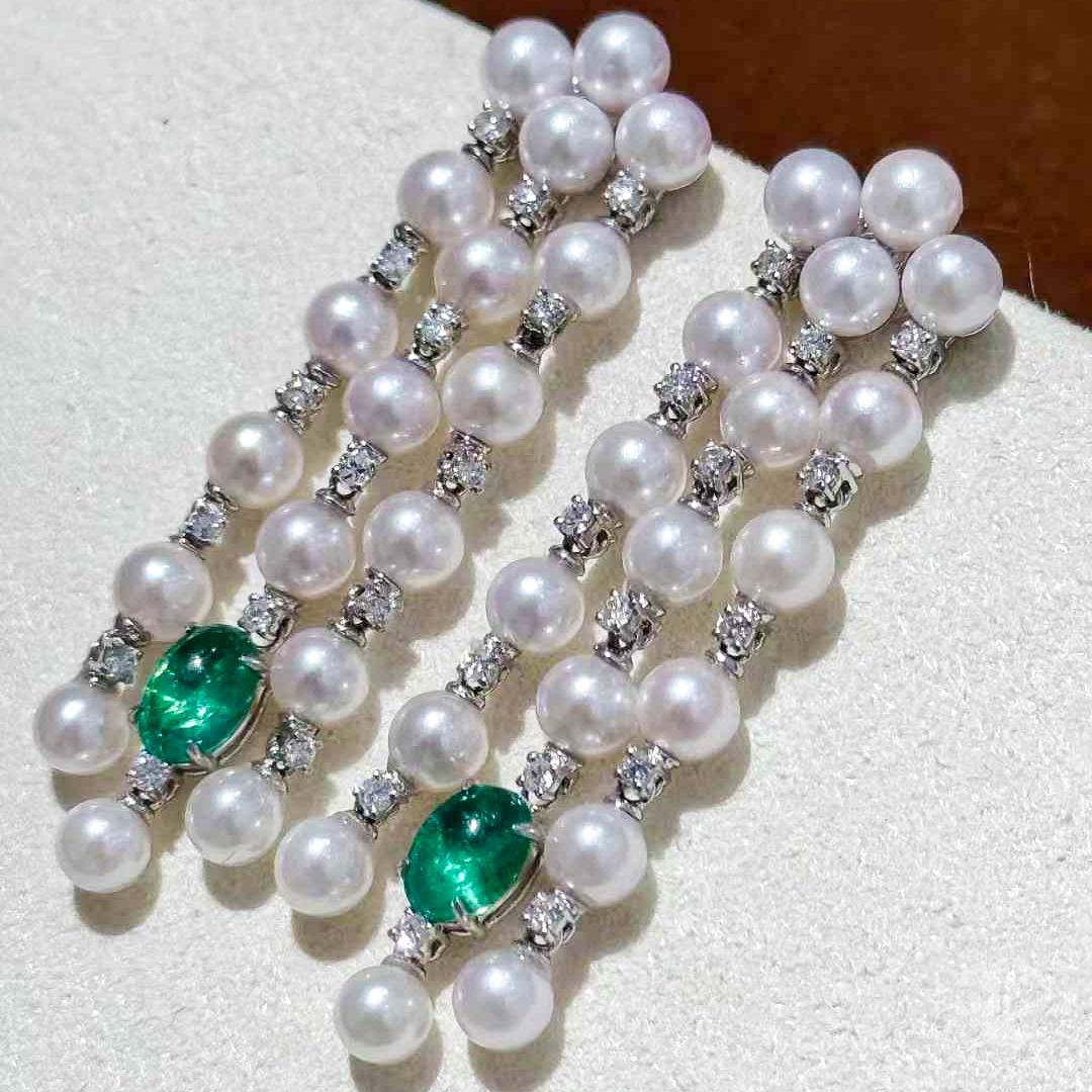 Triple-Line  Aurora Baby Akoya Pearl Emerald Diamond Gala Earrings 1