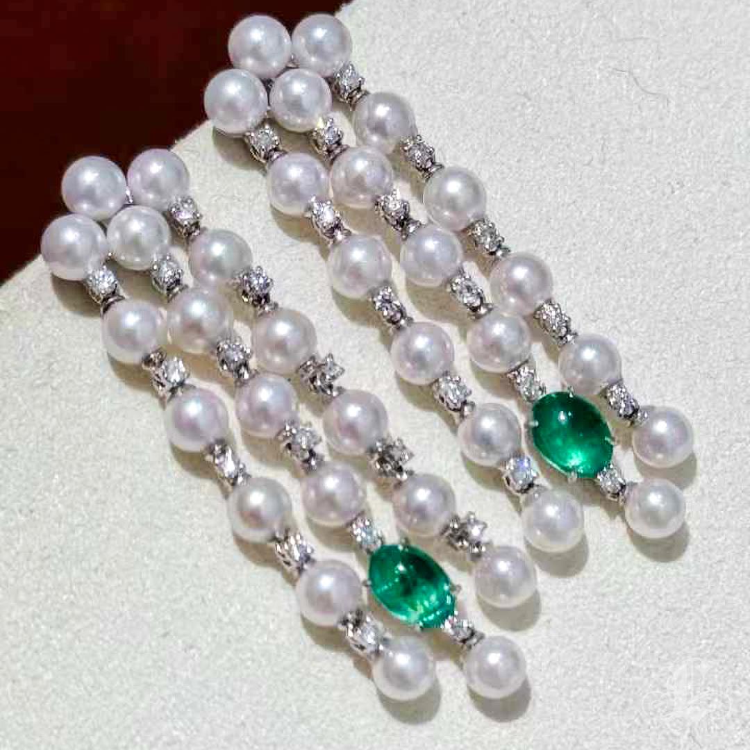 Triple-Line  Aurora Baby Akoya Pearl Emerald Diamond Gala Earrings 2