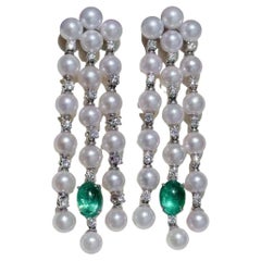 Triple-Line Aurora Baby Akoya Pearl Emerald Diamond Gala Earrings