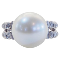 18K White Gold 12mm Round South Sea Pearl & 0.23ct Diamond Split Shank Ring