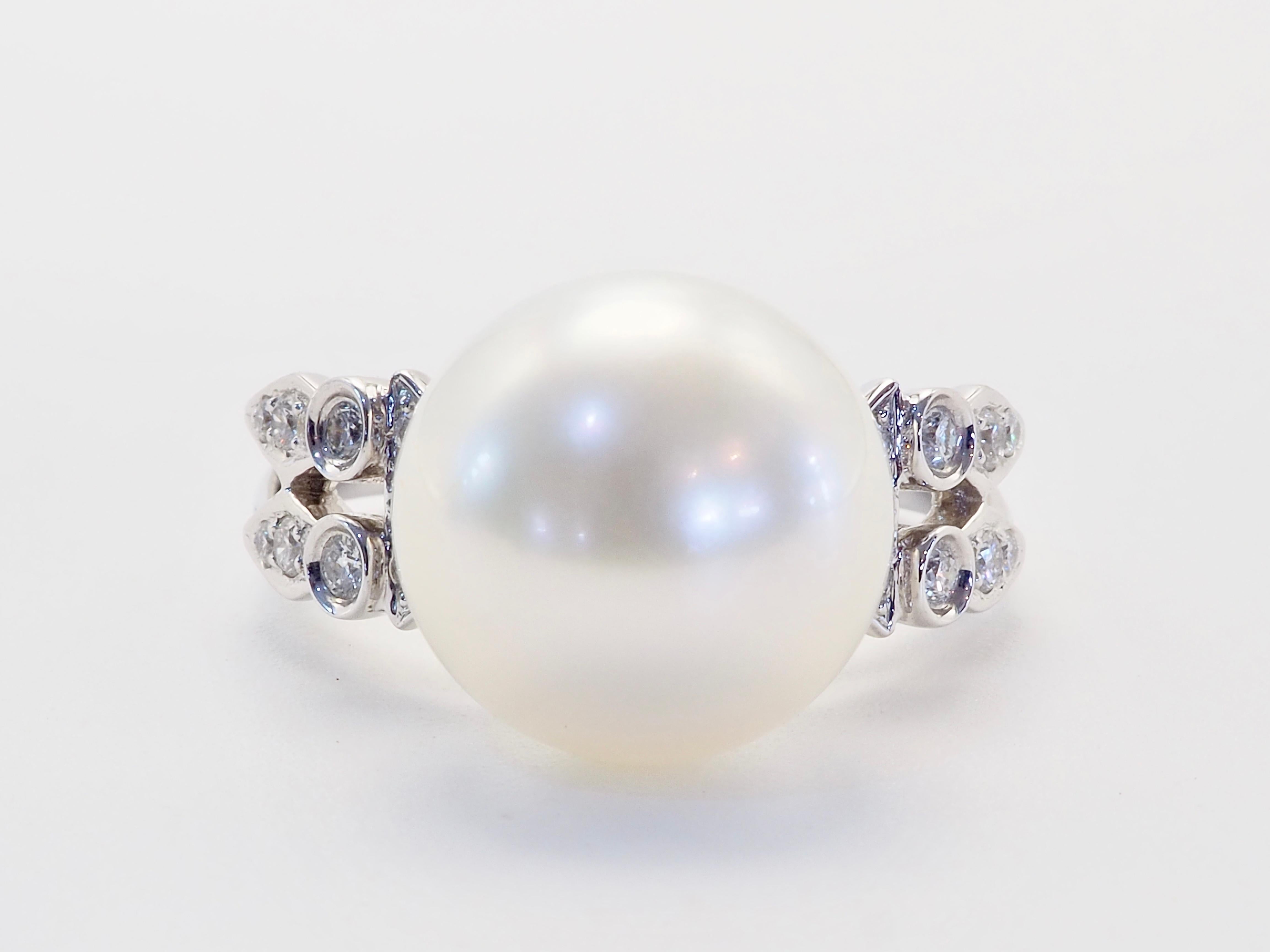 Round Cut 18K White Gold 12mm South Sea Pearl & 0.23ct Diamond Split Shank Fine Ring For Sale