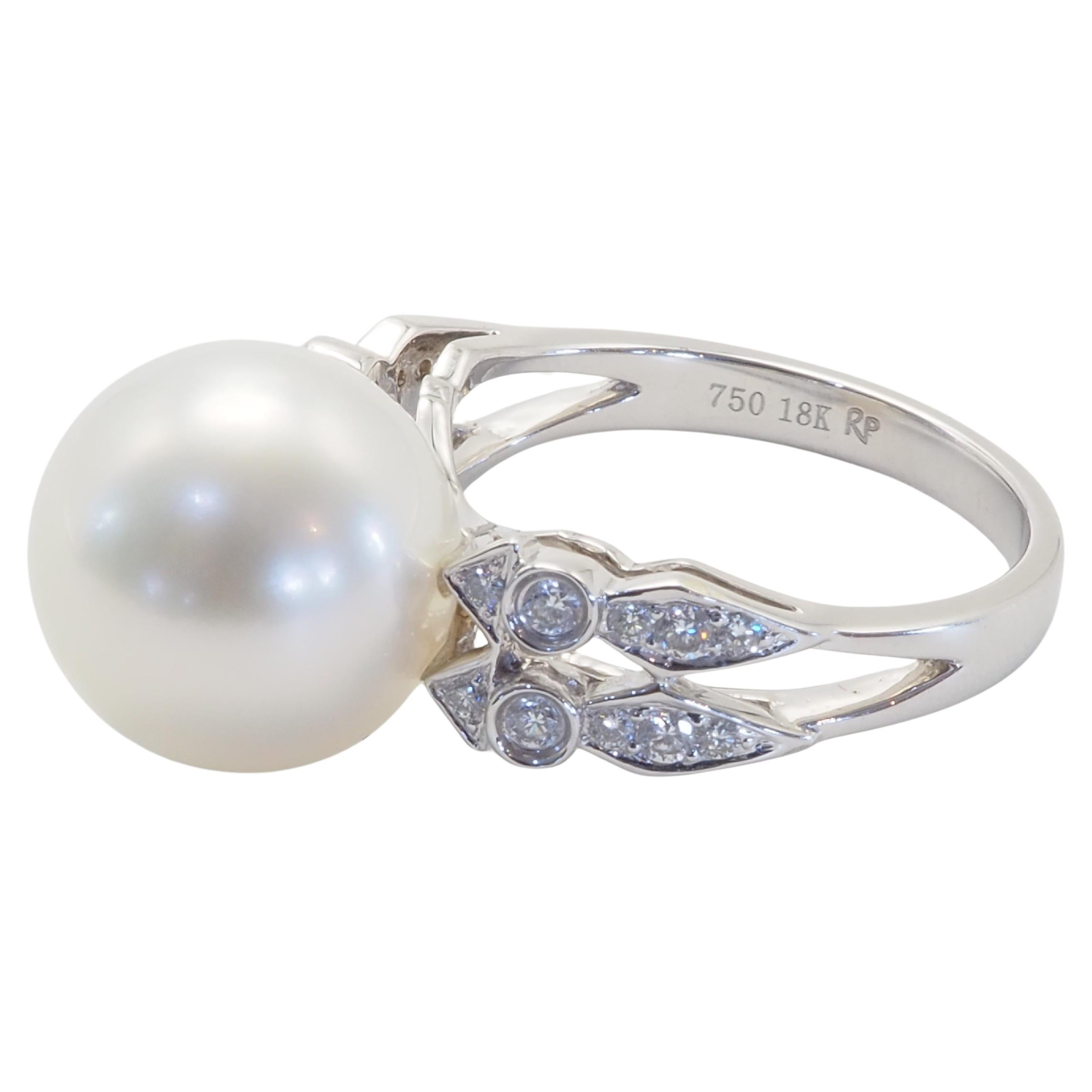 18K White Gold 12mm South Sea Pearl & 0.23ct Diamond Split Shank Fine Ring