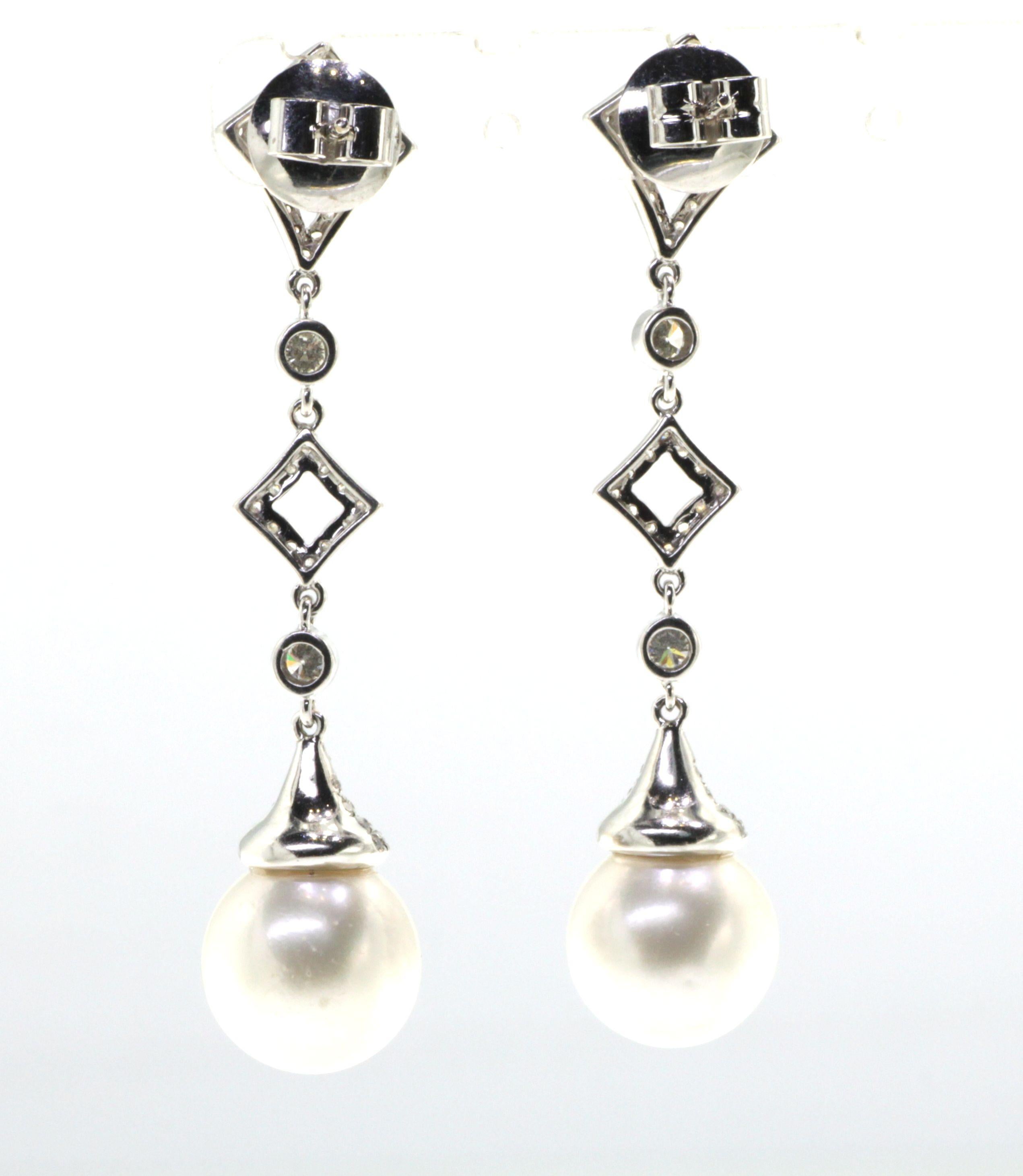 Bead 18K White Gold 12mm South Sea Pearl Dangle Earrings  For Sale