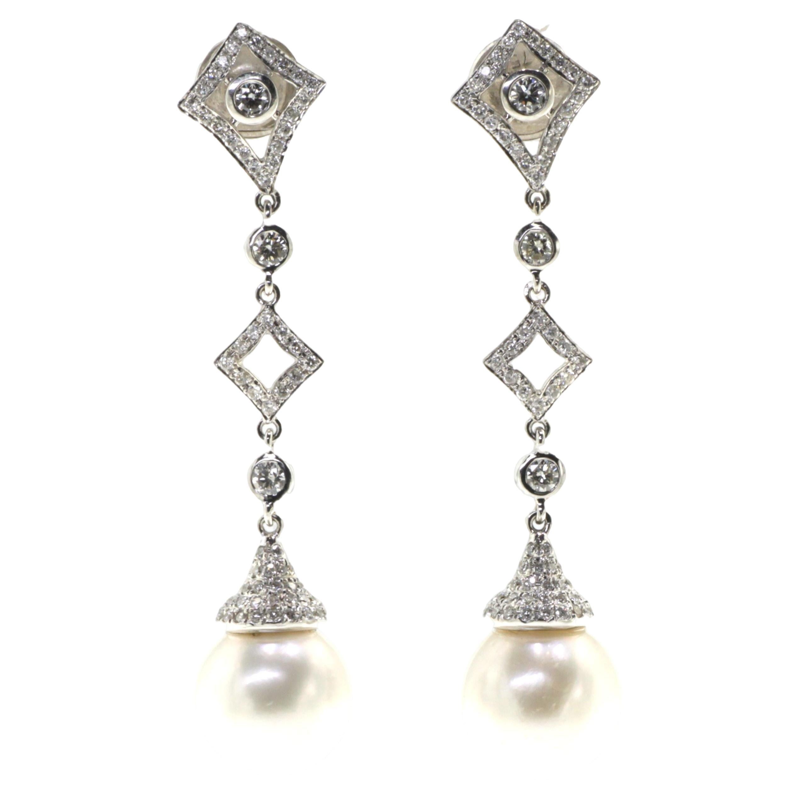 18K White Gold 12mm South Sea Pearl Dangle Earrings 