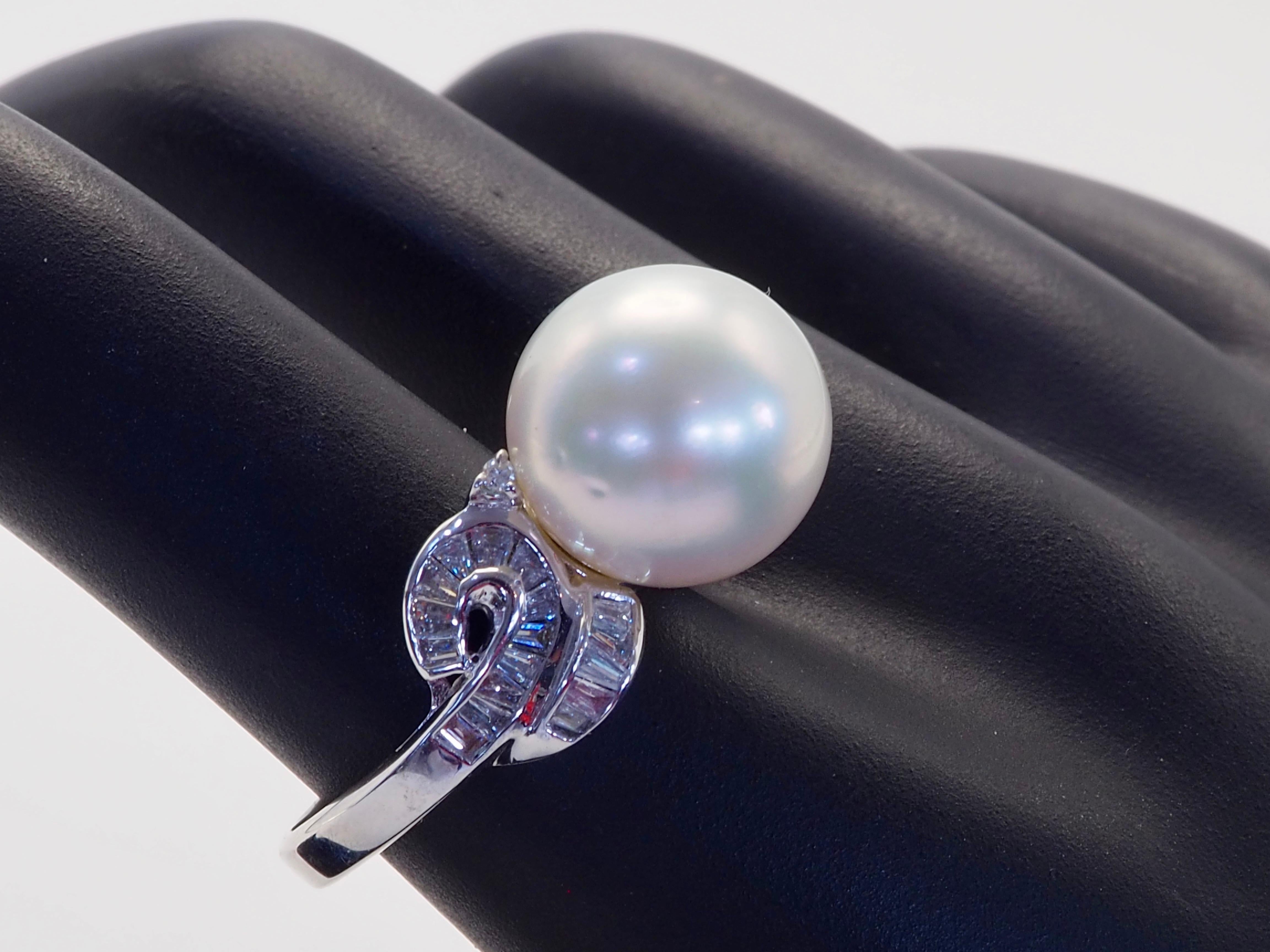 18K Weißgold 12mm weiße Südseeperle & 0,52ct Diamant Ring im Angebot 5