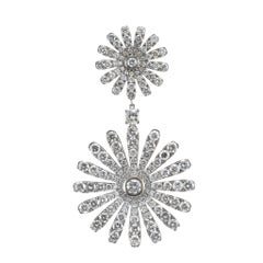 18K White Gold 13.00ctw Round Cut Diamond Sunburst Double Eschle Dangle Earrings