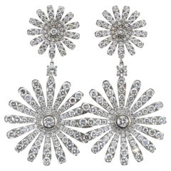 18K White Gold 13.00ctw Round Cut Diamond Sunburst Double Eschle Dangle Earrings