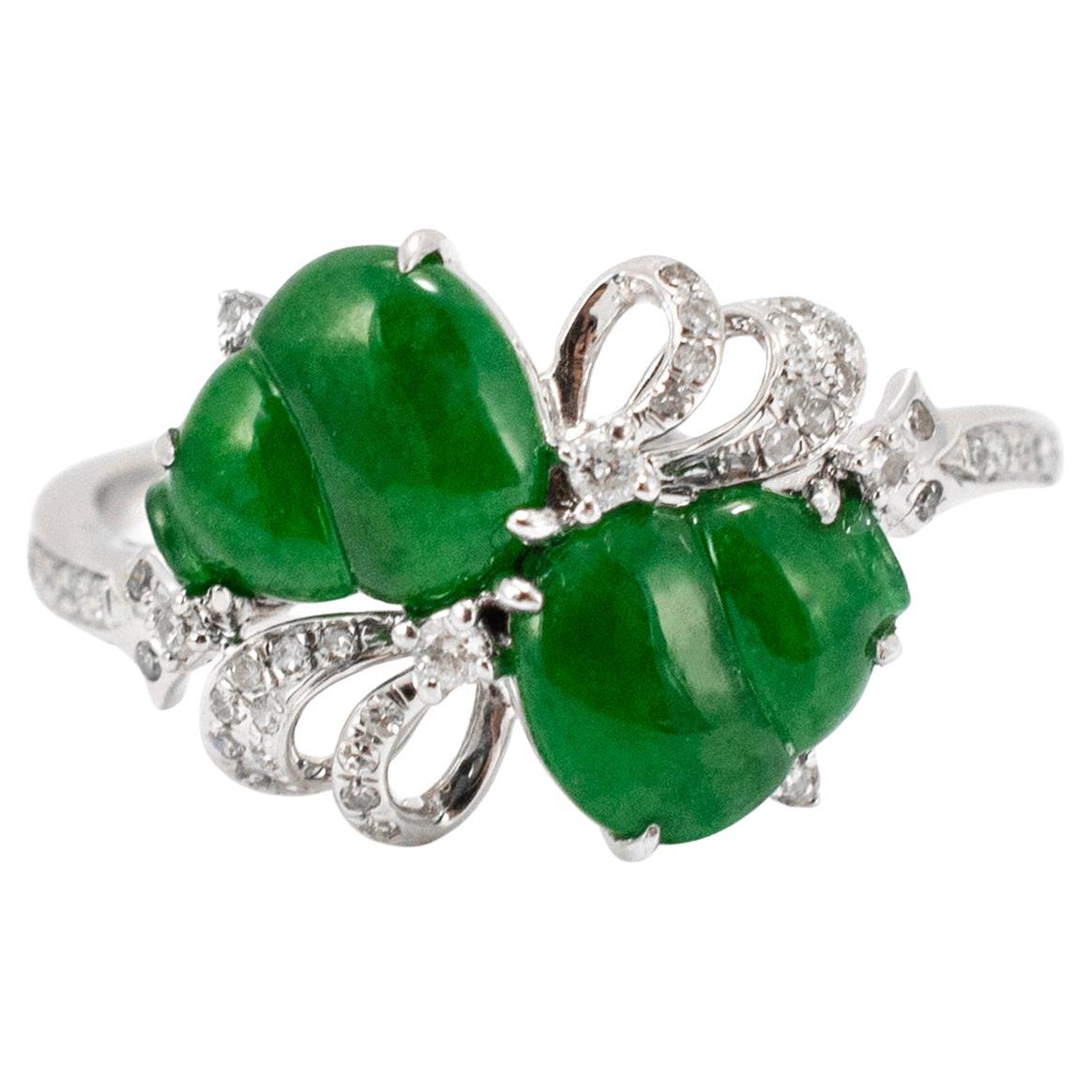 18K White Gold 1.30ct Delicate Green Icy Jadeite Jade Diamond Cocktail Ring For Sale