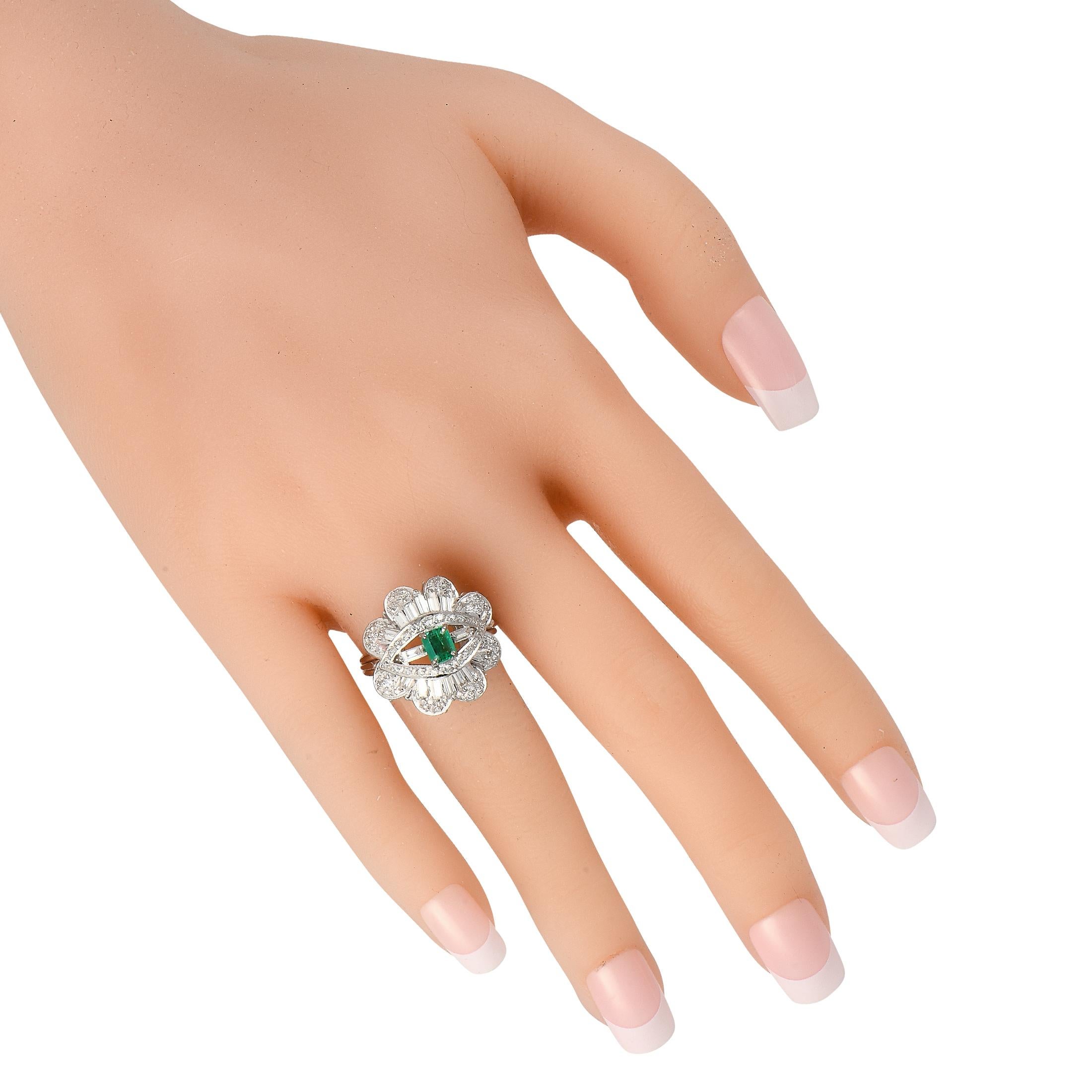 Mixed Cut 18K White Gold 1.30ct Diamond and Emerald Ring MF05-020124 For Sale