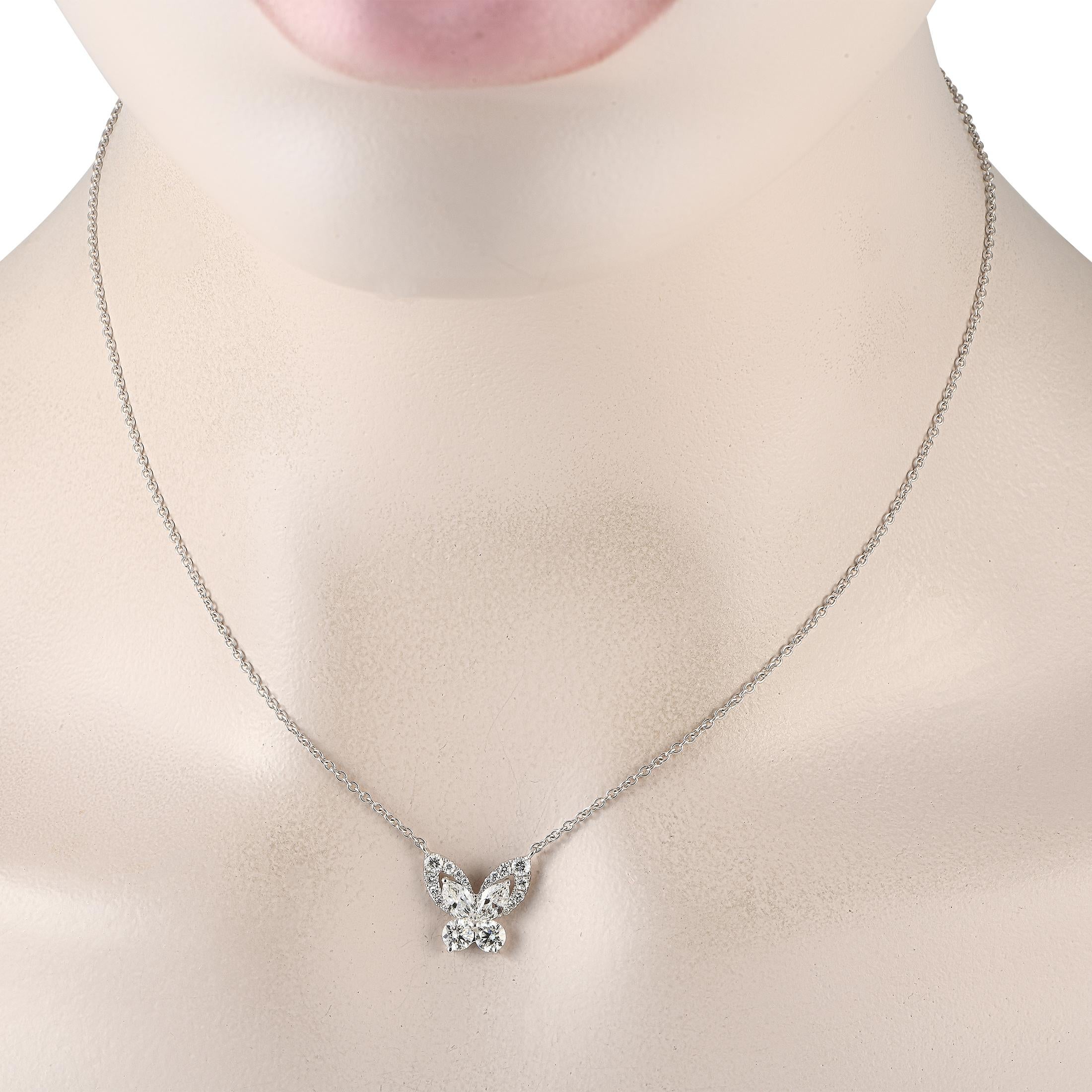 Mark a new beginning or celebrate a major change in your life with this diamond butterfly necklace. It features a white gold chain measuring 15.5 inches long, with a secure lobster clasp. The butterfly pendant with tiered wings is detailed with a