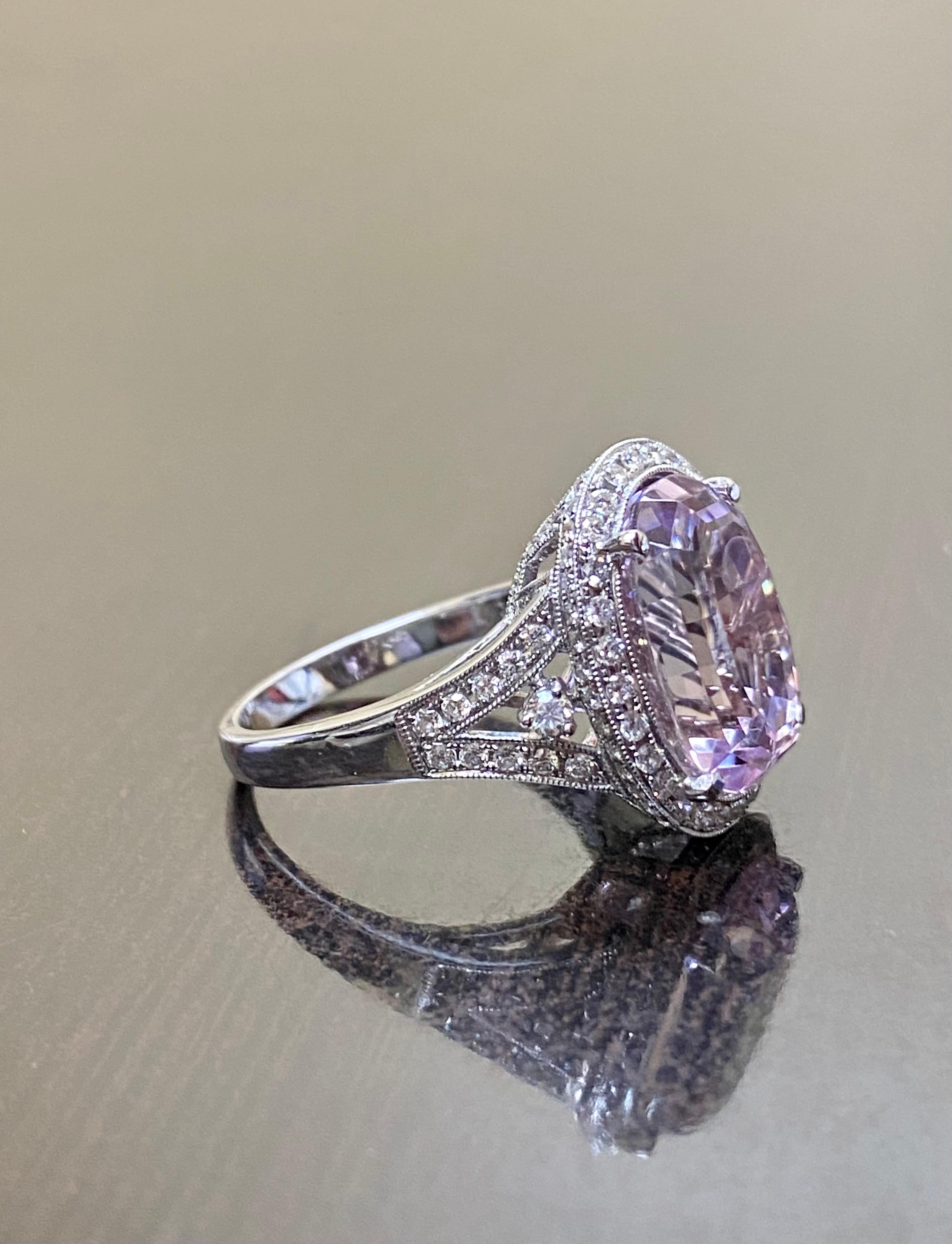 18K White Gold 13.18 Carat Kunzite Halo Diamond Engagement Ring For Sale 3