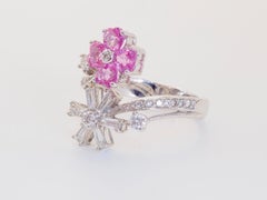 18K White Gold 1.34ct Heart Pink Sapphire & 0.59ct Diamond Floral Bypass Ring