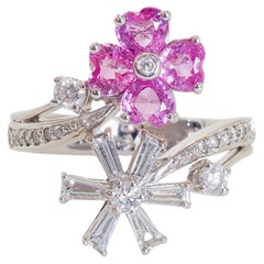 18K White Gold 1.34ct Heart Pink Sapphire & 0.59ct Diamond Floral Bypass Ring